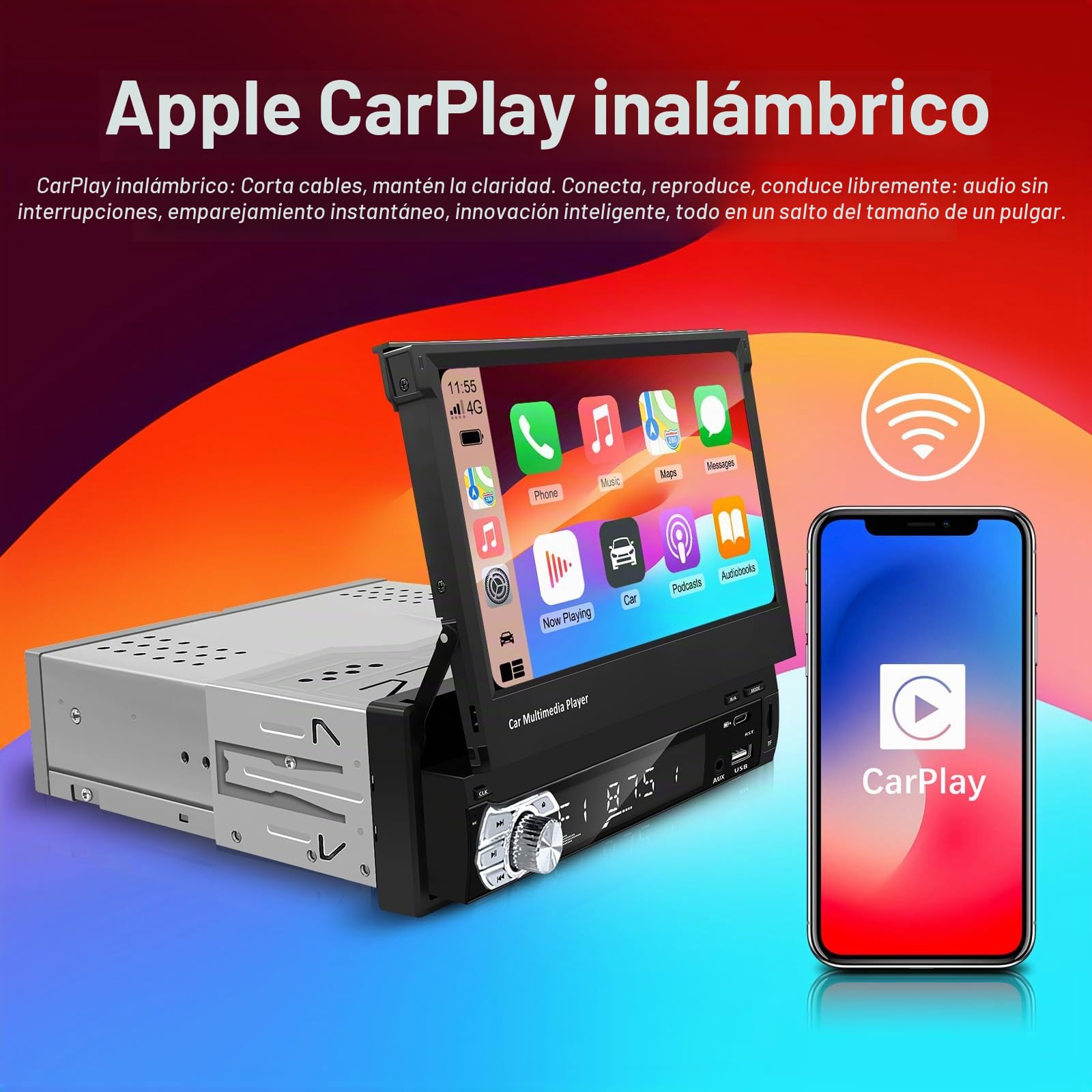 Radio de Coche Bluetooth 1 DIN con CarPlay Inalámbrico y Android Auto
