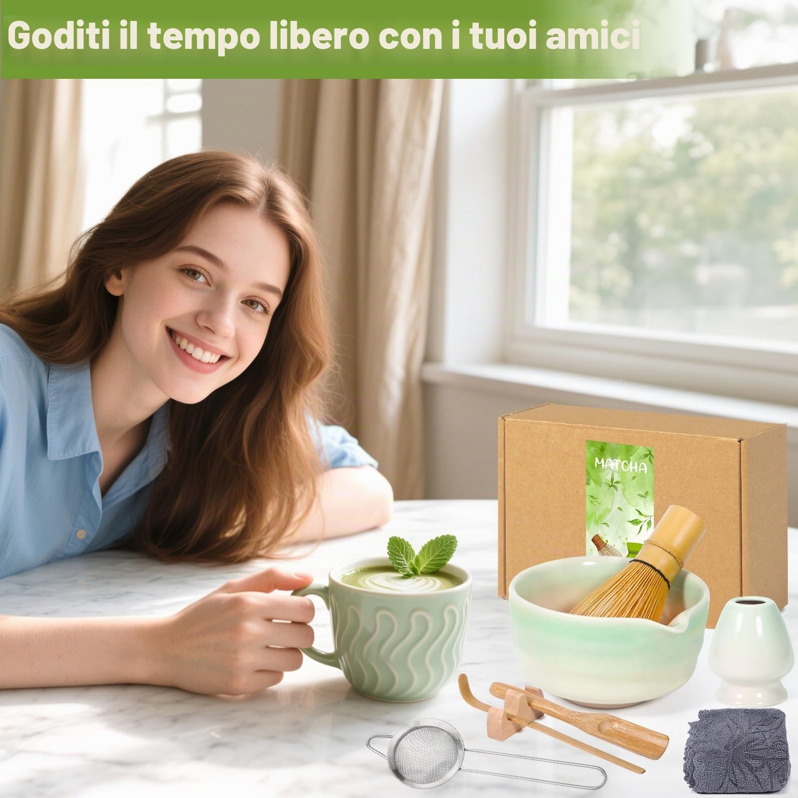 Matcha Kit - Set Di 8 Pezzi, Matcha Tea Kit Con Matcha Bowl(Beccuccio), MatchaWhisk, Supporto Chasen, MatchaCucchiaino, Setaccio ecc, Japanese Tea Set - per Cerimonia del Tè (verde)