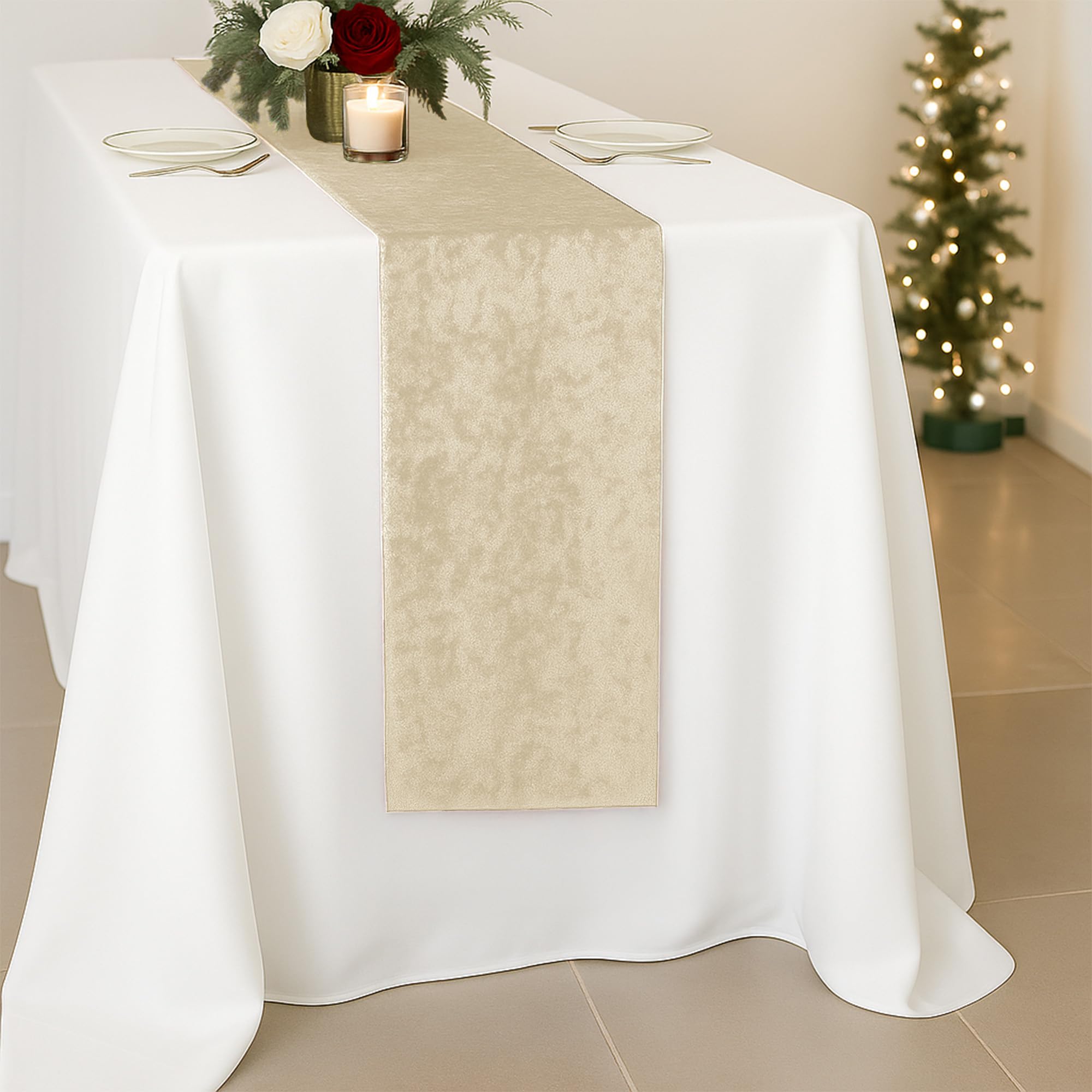 Crushed Velvet Champagne Table Runners for Parties and Events – Luxury Long Banquet Table Decor, 33 x 274 cm, Pack of 5 – Wedding, Spring, Christmas, Home Dining Decoration