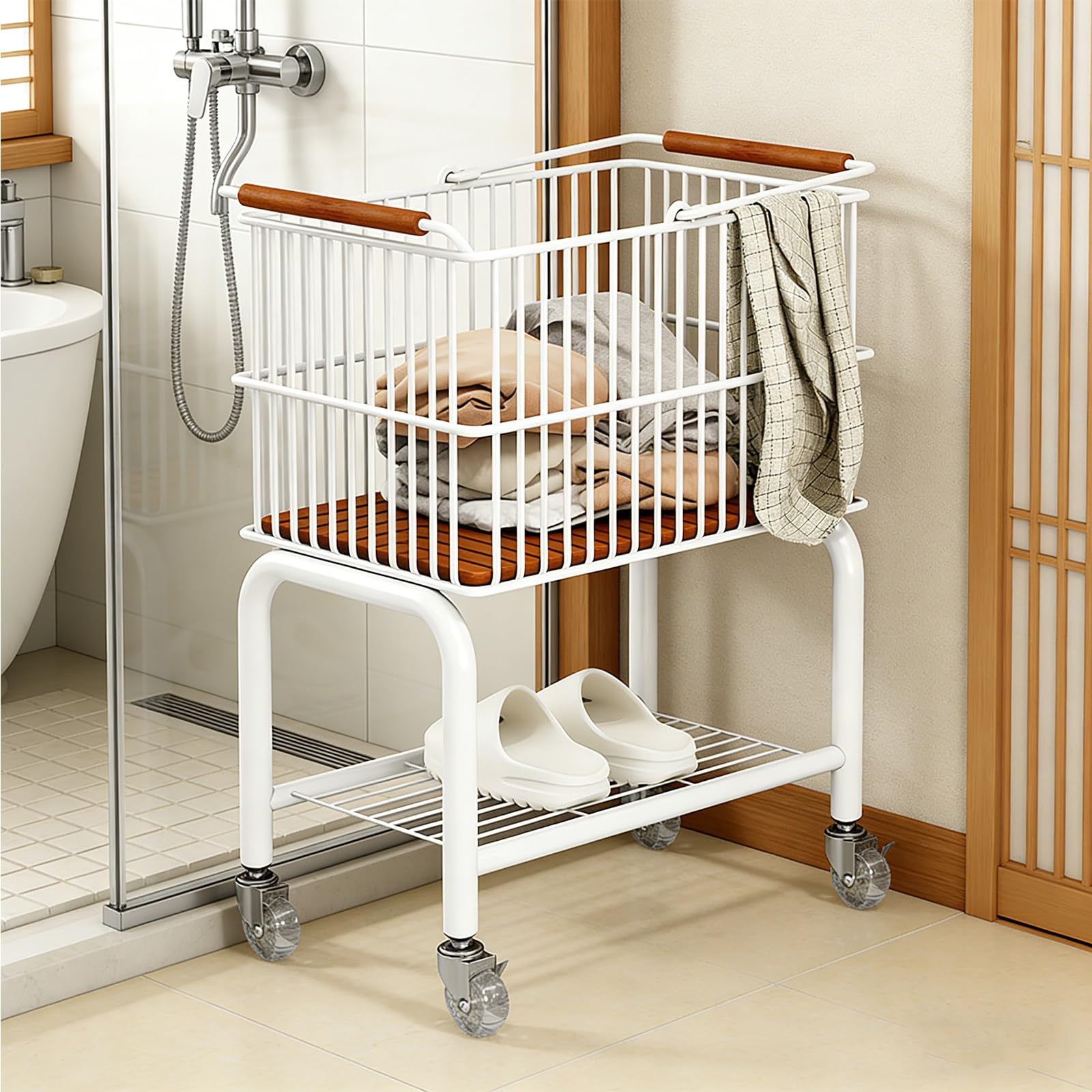 SFSLBFB 2 Tier Rolling Laundry Hamper with Wheels, Portable Metal Laundry Basket Cart with Handle & Removable Baskets, Multifunctional Storage Rack for Bathroom