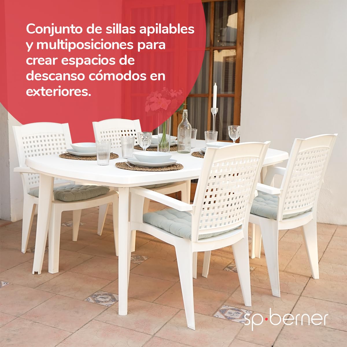 SP Berner SHAF - Pack 4 Sillas - Jardín Exterior y Terraza - Plástico Reciclado Resistente UV - Apilables - Modelo Metal - Blanco