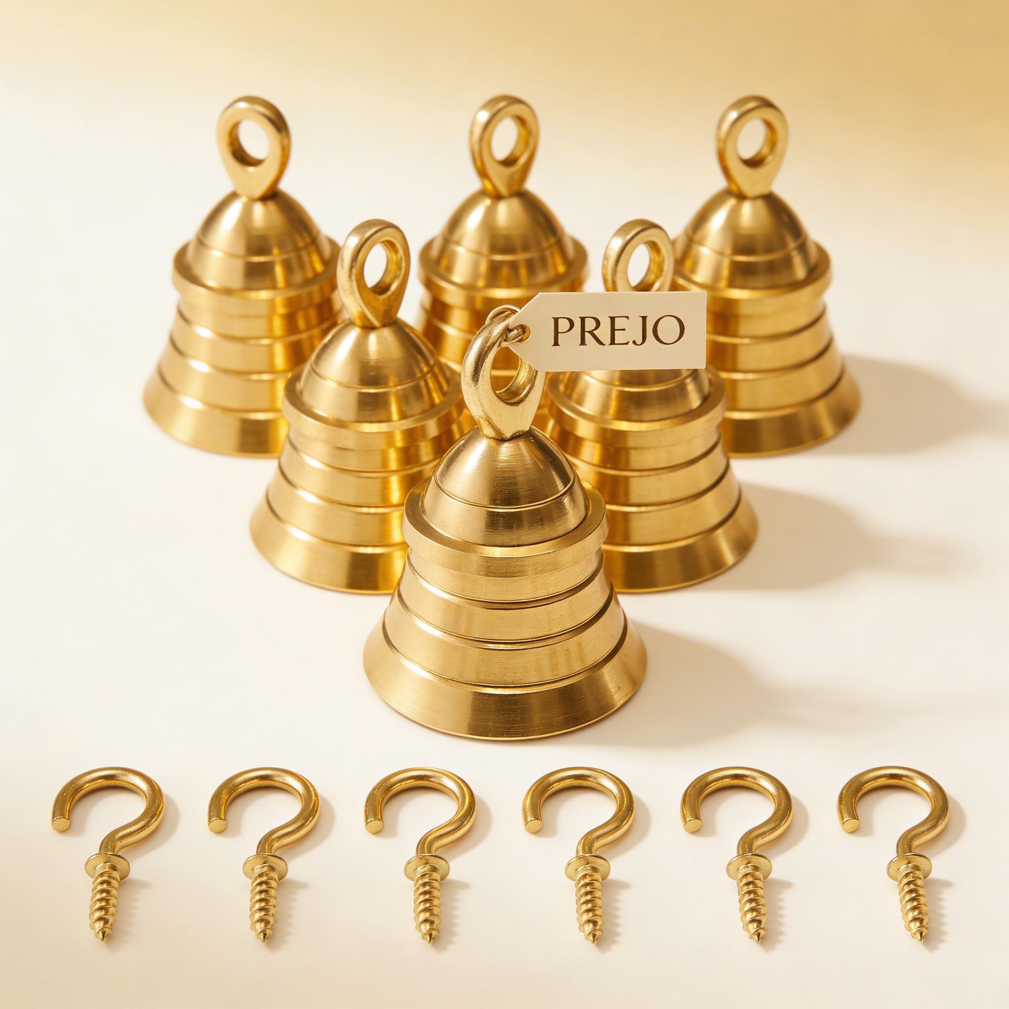 Prejo Brass Hanging Bell Set of 6 for Main Door | Vastu Compliant Entrance Decor | Traditional Indian Entry Bell with Hooks | Melodious Sound | Gold Antique Finish-picture-24