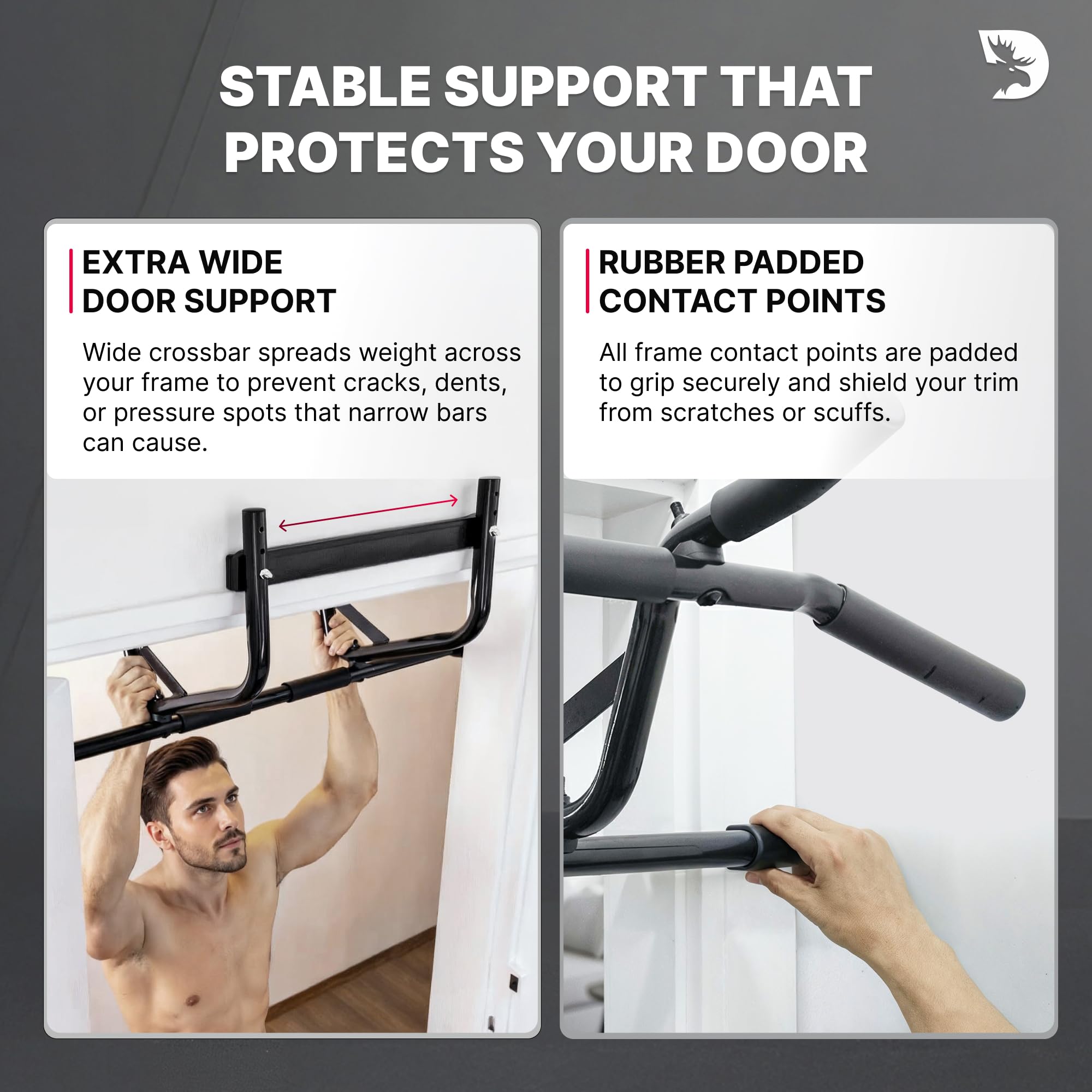 DMoose Fitness Pull Up Bar for Doorway - Upto 250 Lbs Capacity, No Screwing or Slipping, Hanging Pullup & Chin Up Bar for Door Frame - Multi Padded Grips for Strength Training with Installation Guide