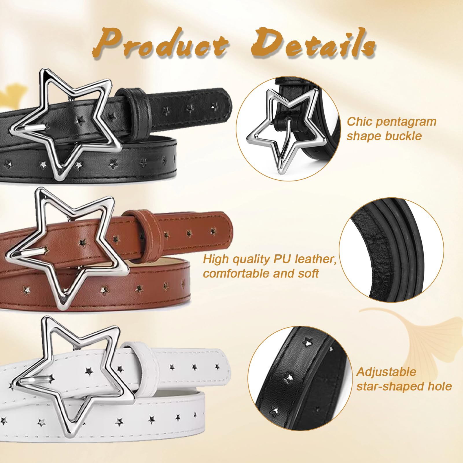 WUERKIYA Lot De 3 Ceintures Pour Filles - Ceintures Réglables Cuir PU Avec Boucle Pentagramme (Noir, Camel)