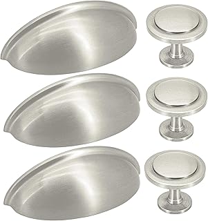 SUNRIVER 30Packs Kitchen Cabinet Cup Pulls, 15 Pcs Brushed Nickel Bin Cup Handles and 15Pcs Knobs 3 Inch 76mm Stainless Steel Kitchen Cabinet Hardware Cup Pull and Knob Set