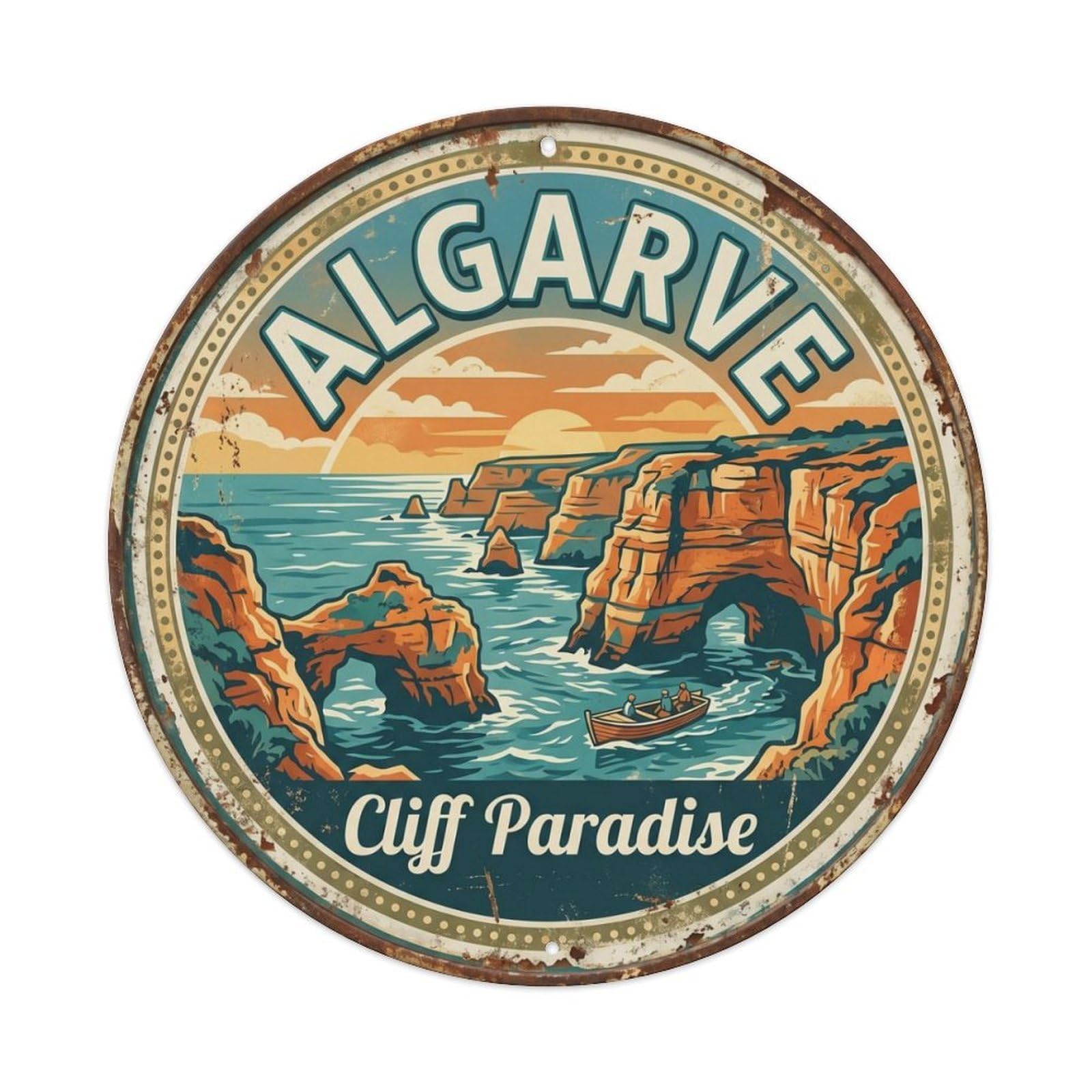 Vintage Travel Cliffs Portugal Seascape Metal Tin Sign Plaque Wall Decor for Cafe, Club, Garden Round Metal Poster 8x8Inch