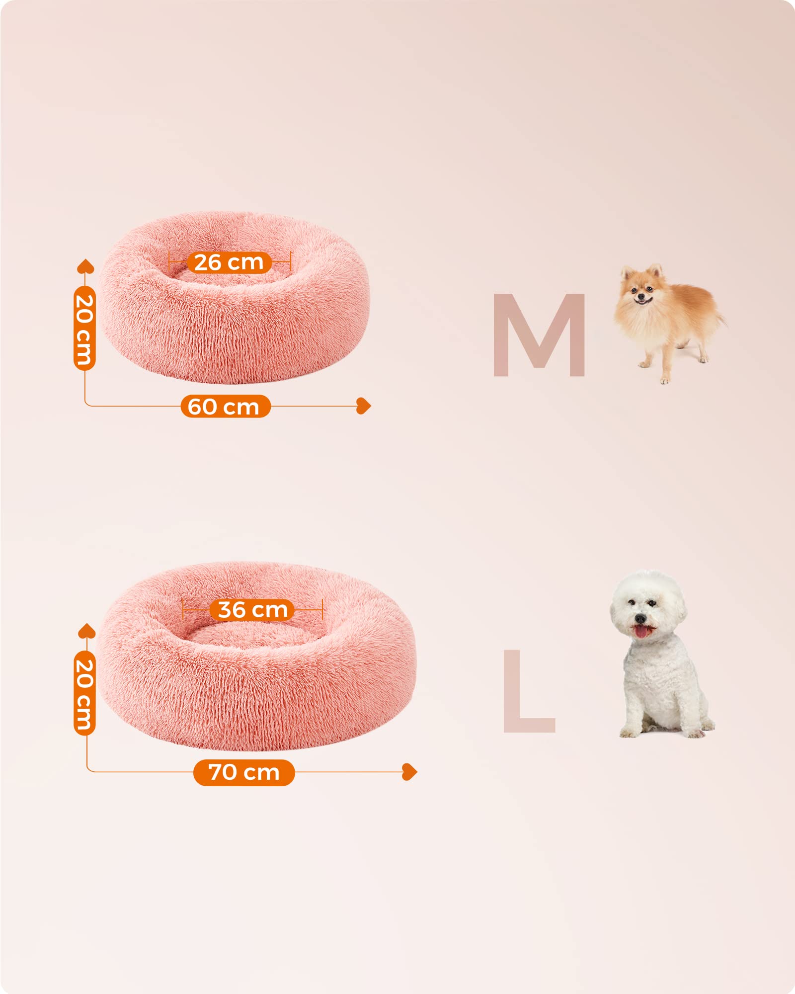 Feandrea Cuccia Cane Interno, Cuccia per Cani, Lettino per Animali Domestici a Ciambella, Cuscino Sfoderabile e Lavabile, Tappeto di Peluche, Diametro 70 cm, Rosa PGW039P01