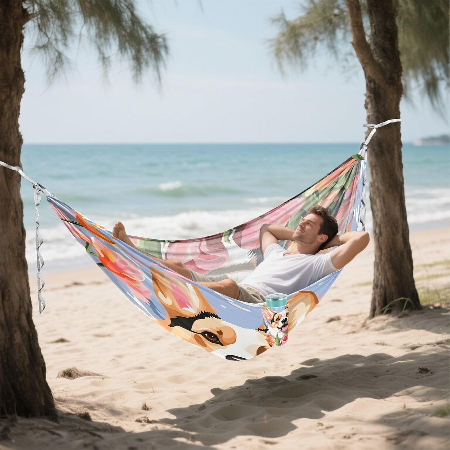 ALAZA Corgi DOD Flower Camping Hammocks Single or 2 Person 500 lbs Portable Parachute Travel Hammock w/Tree Straps for Hiking Backpacking Indoor Outdoor