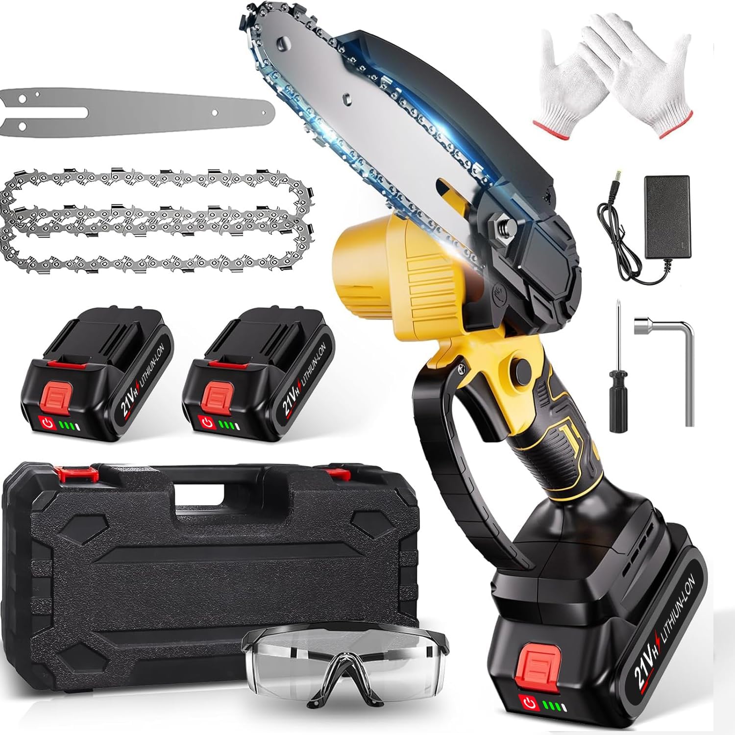 Mini Chainsaw Cordless 6 Inch, High Power Brushless Motor, Twin 21V 3.0Ah Batteries & 2 Chains, Lightweight 1.1kg, Safety Lock Included, Tree Branch Cutter, Garden Tool
