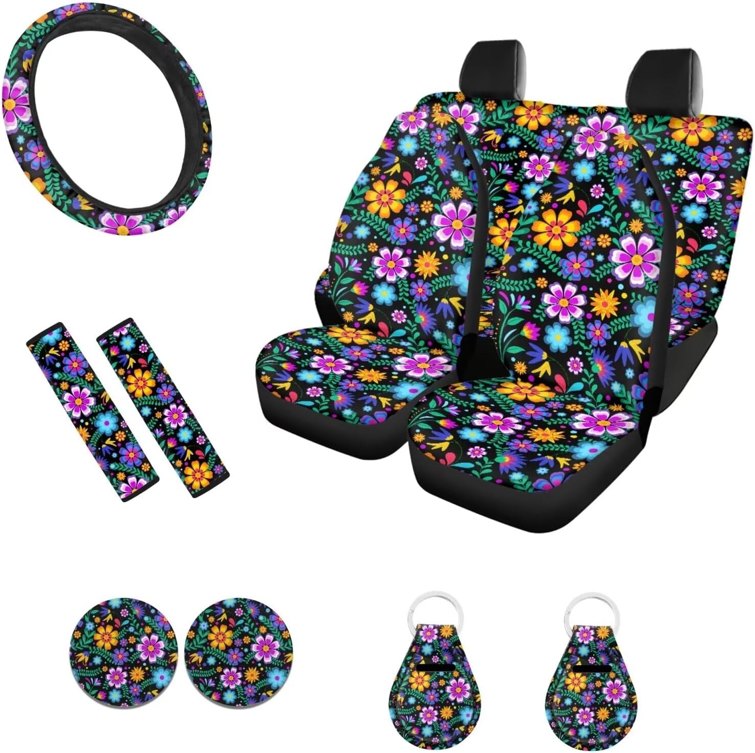 WELLFLYHOM Dragonfly Car Seat Covers Full Set 11 Pcs Black Car Accessories for Women Boho Floral Front Rear Seat Covers with Steering Wheel Covers Seatbelt Pads Car Keychain and Coaster