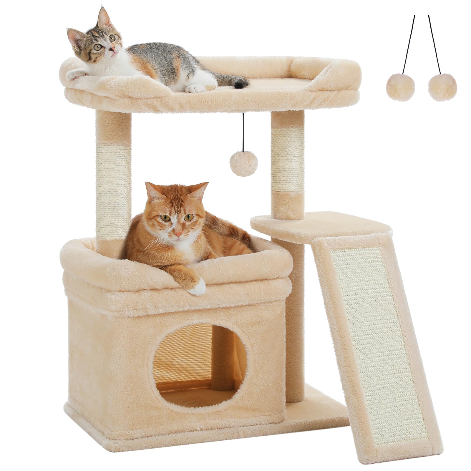 PETEPELA Kleiner Kratzbaum für große ausgewachsene Katzen mit breiter oberer Liegefläche, privater Katzenhöhle und Sisal-Kratzsäule，Kratzpad für Wohnungskatzen,beige
