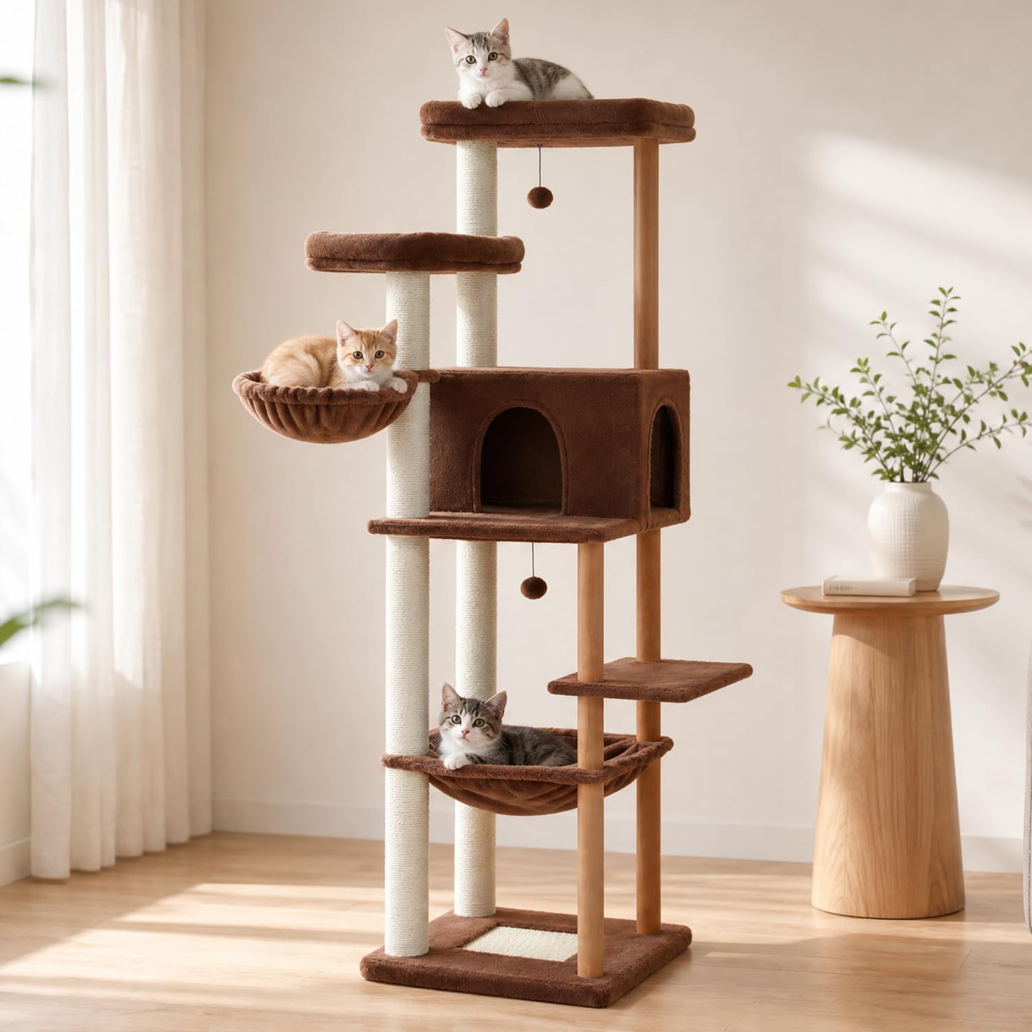 73" Tall Cat Tree for Large Cats, Wooden Cat Tower with Solid Posts