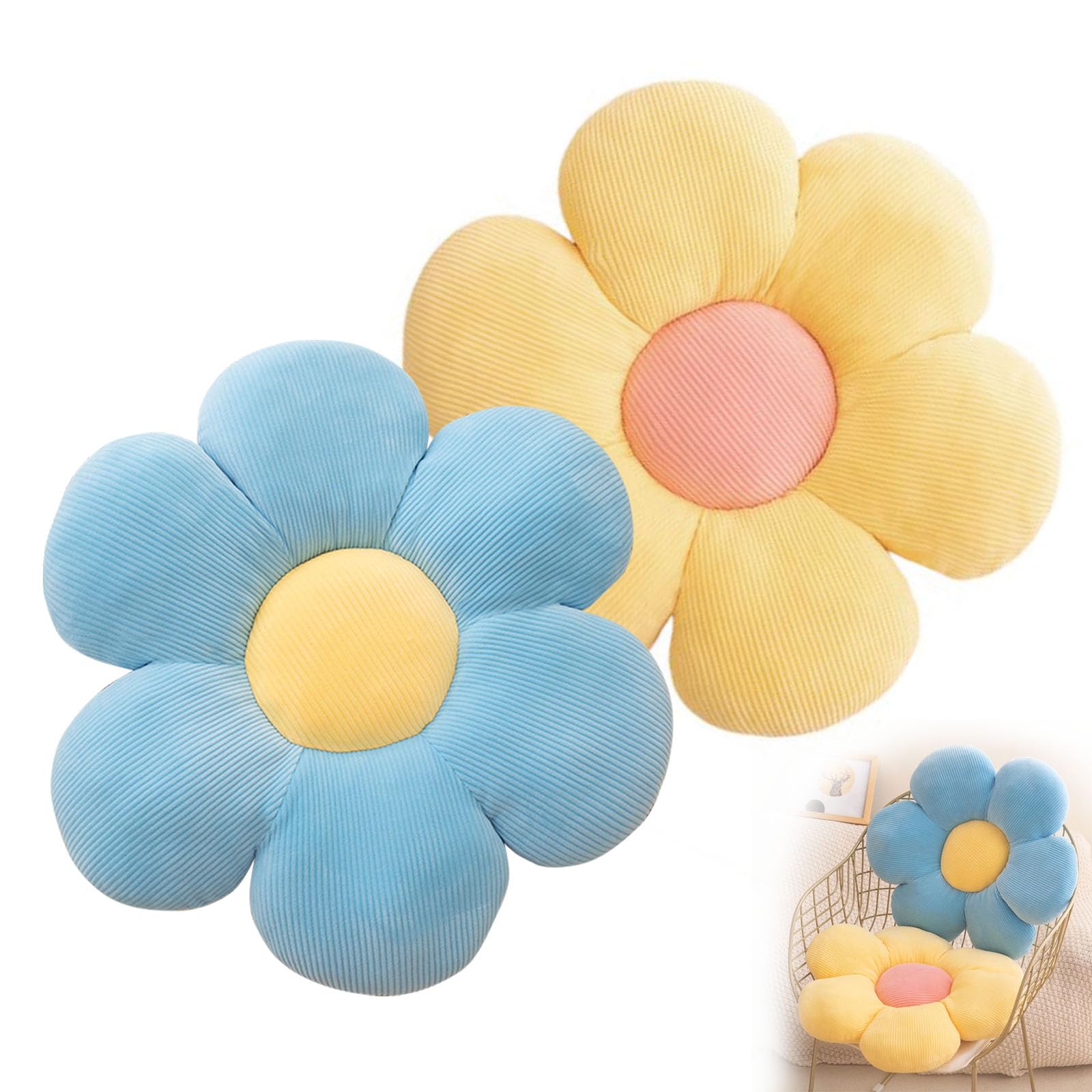 Blumen Bodenkissen 38x38cm 2er Set Weiches Blütenblattkissen Blumenform für Sofa Schlafzimmer Couch (Gelb Blau)