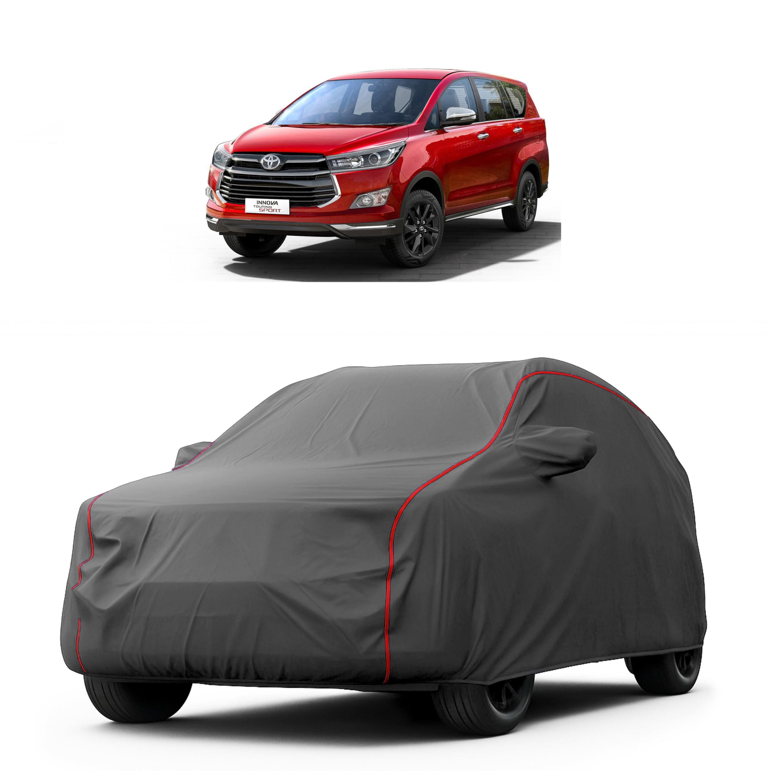 MADAFIYA Car Cover for Toyota Innova Crysta (2016 to 2024 Models) with Mirror Pocket, Triple Stitched, All Weather Protection, Breathable Fabric, Full Size (Heavy Duty Grey)