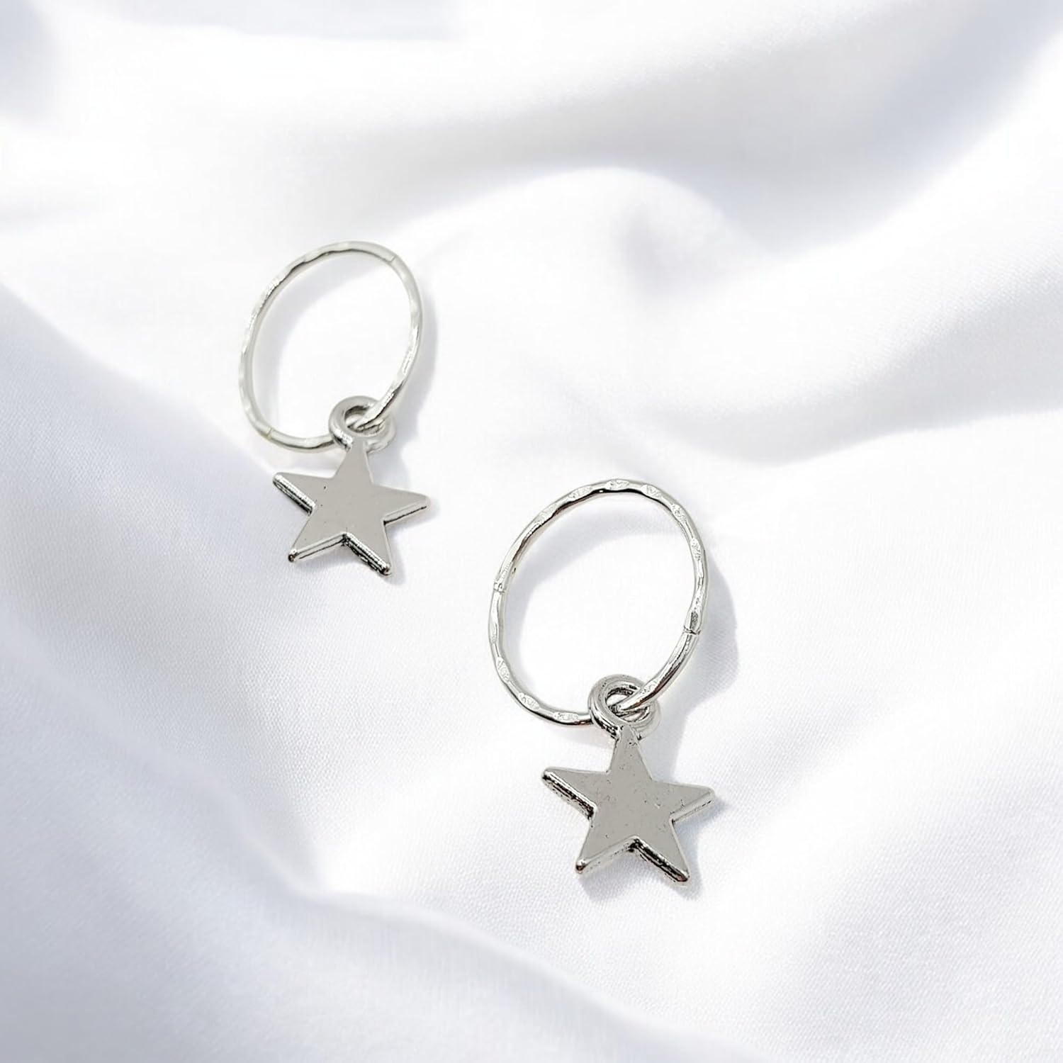 925 Solid Sterling Silver Faceted Sleeper Hoop Earrings For Women | Silver Star Drop Dangle Charm Earring - Mini Silver Star Hoops - Image 7