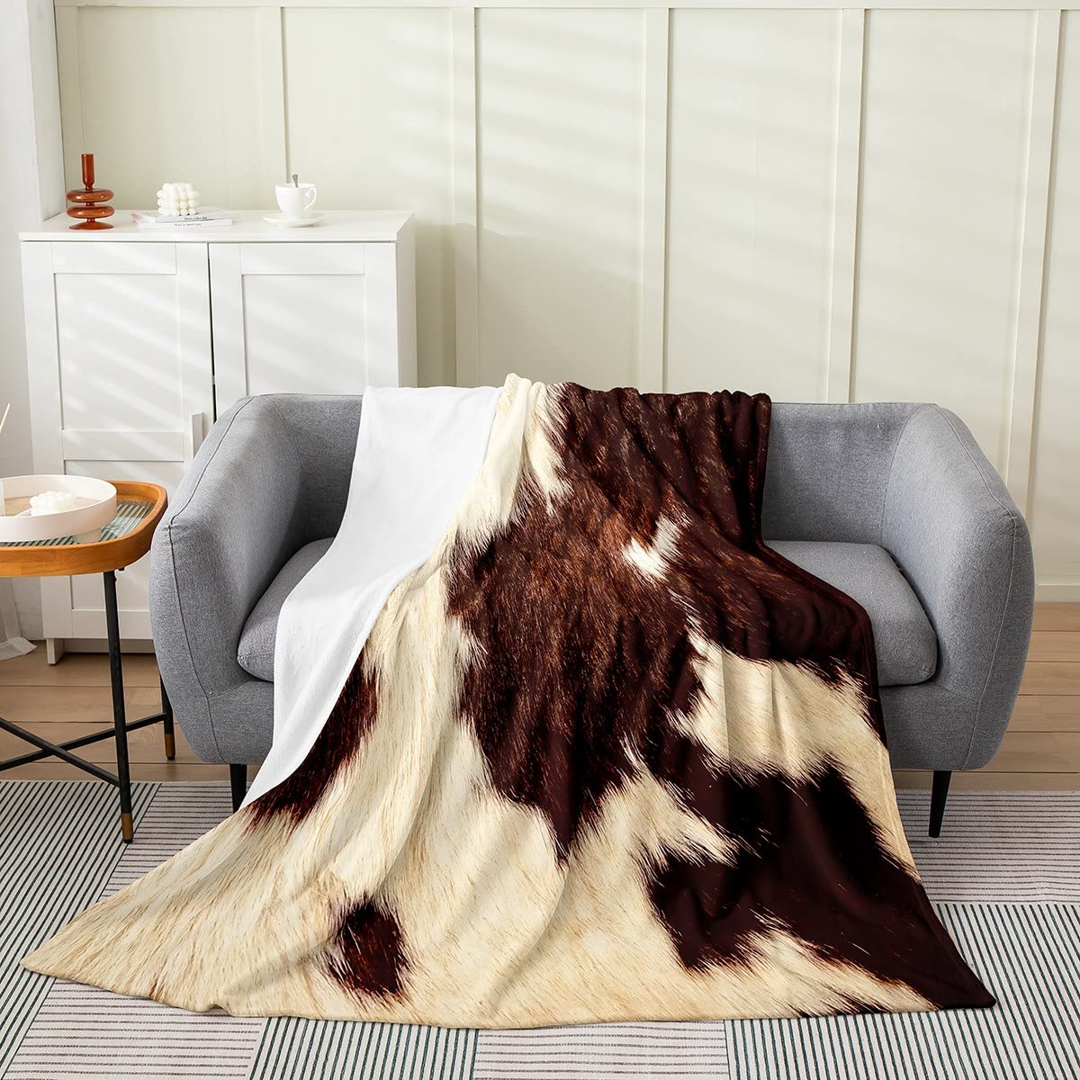 Homewish Kuhfell Überwurfdecke 150 x 200 cm Braun Beige Kuhdruck Fleecedecke Flanelldecke