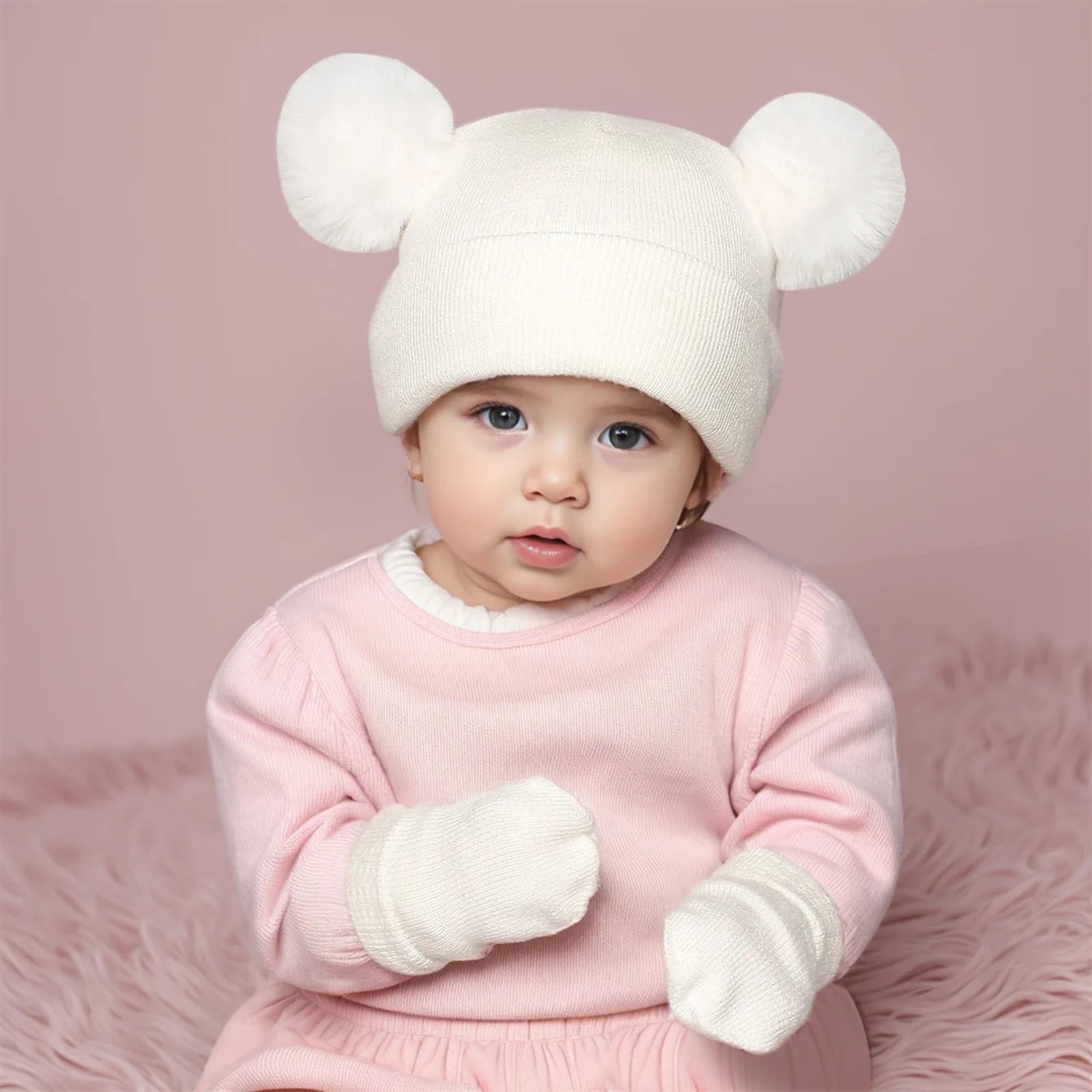 Bonito gorro tejido con bolas de lana for bebés, conjunto de guantes en otoño e invierno, gorro con protección de oídos for bebés, gorros con pompones dobles for niños y niñas(M 1-4 years,Pink)