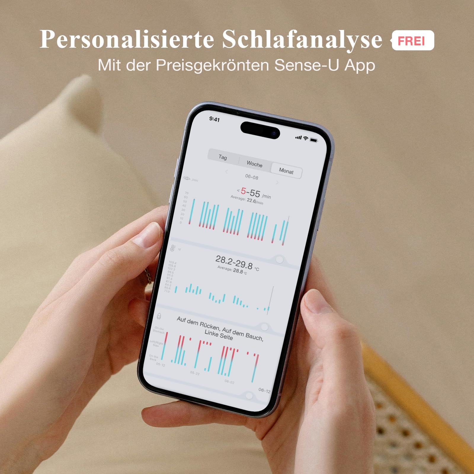 Sense-U Baby Monitor 3 mit Kamera,Babyphone,das Sie bei Bauchbewegungen,Rollen,Temperaturen und Erkannten Bewegungen Benachrichtigt, mit Nachtsicht,2-Wege-Sprechfunktion und Großer Reichweite