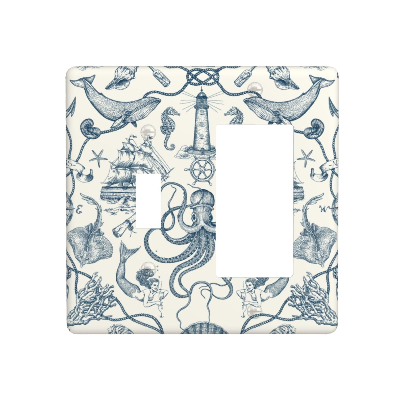 Ocean Octopus Sea Animal Light Switch Cover 2 Gang Combination Single Toggle Rocker/Decora Wall Plate Decorative Switch Plate Electrical Faceplate for Farmhouse Bathroom Kitchen Home Decor