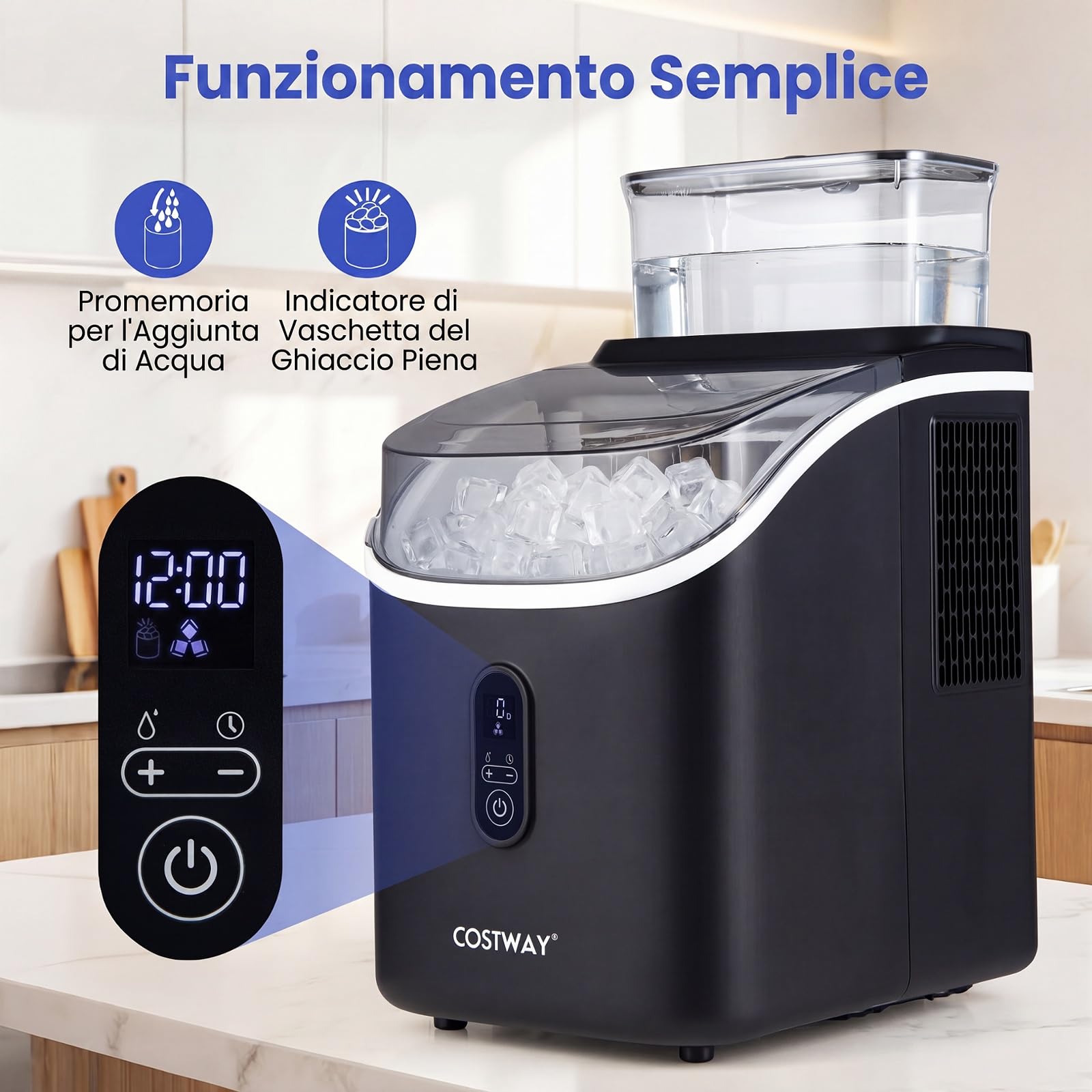 COSTWAY Macchina Ghiaccio, 15 kg/24 H, Ice Maker da Tavolo (Nero) | Silenzioso per Cubetti di Ghiaccio, con 13 Spessori, Autopulizia, Display, Timer, Serbatoio Esterno, Compatto per Casa