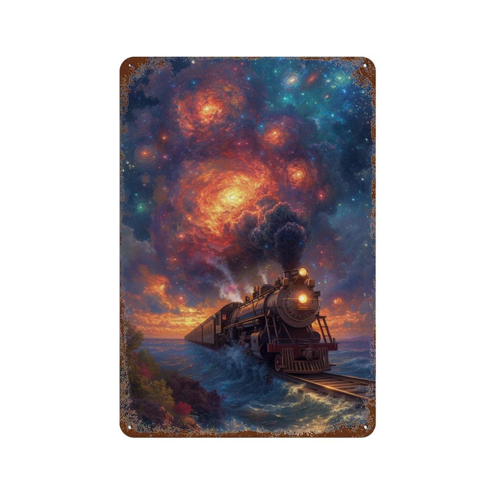 Garage Style Galactic Train Journey Decorative Tin Sign 11.8"x7.9", Novelty Wall Decor for Bar And Workshop
