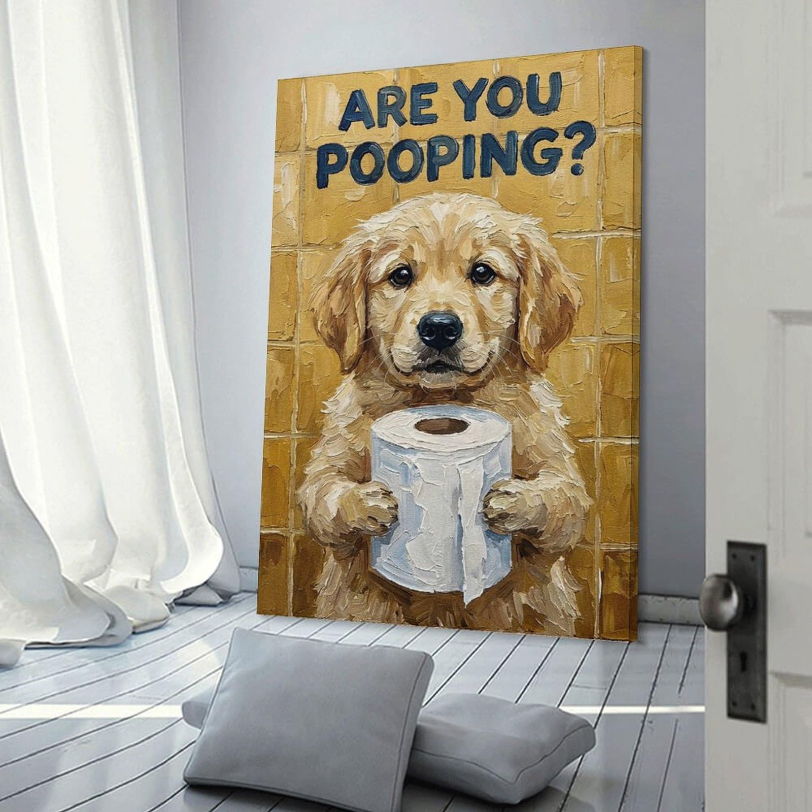 Junmoney Are You Pooping Dog with Toilet Paper Canvas Art Print 16x24inch(40x60cm), for New Homes, Bedrooms Or Workspaces, Gift Idea for Housewarming And Birthdays