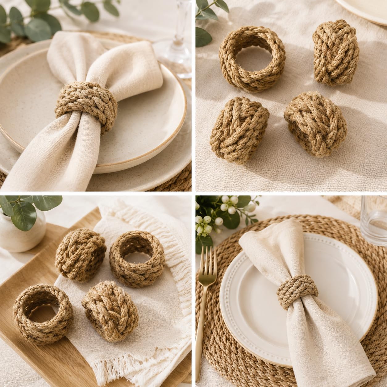 Handmade Jute Napkin Rings Set of 12 – Rustic Farmhouse Table Decor, Boho Woven Napkin Holders for Weddings, Parties & Dining Tables