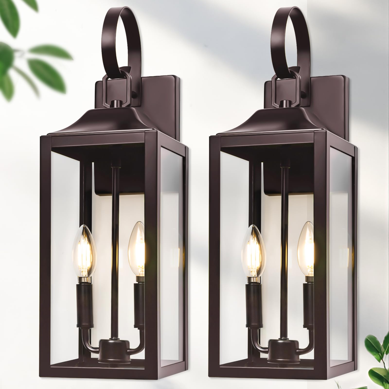 19" Oil Rubbed Bronze Outdoor Wall Lantern 2-Light, Large Outside Modern Sconce Light Fixture, Brown Porch Light Wall Mount with Glass, Waterproof Farmhouse Exterior Lamp Lighting, 2 Pack