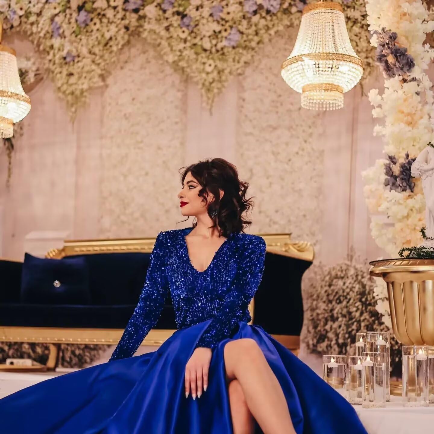 Rjer Long Sleeve Sequin Prom Dresses Satin Ball Gown Slit V Neck Formal Evening Gowns with Pockets - Image 6