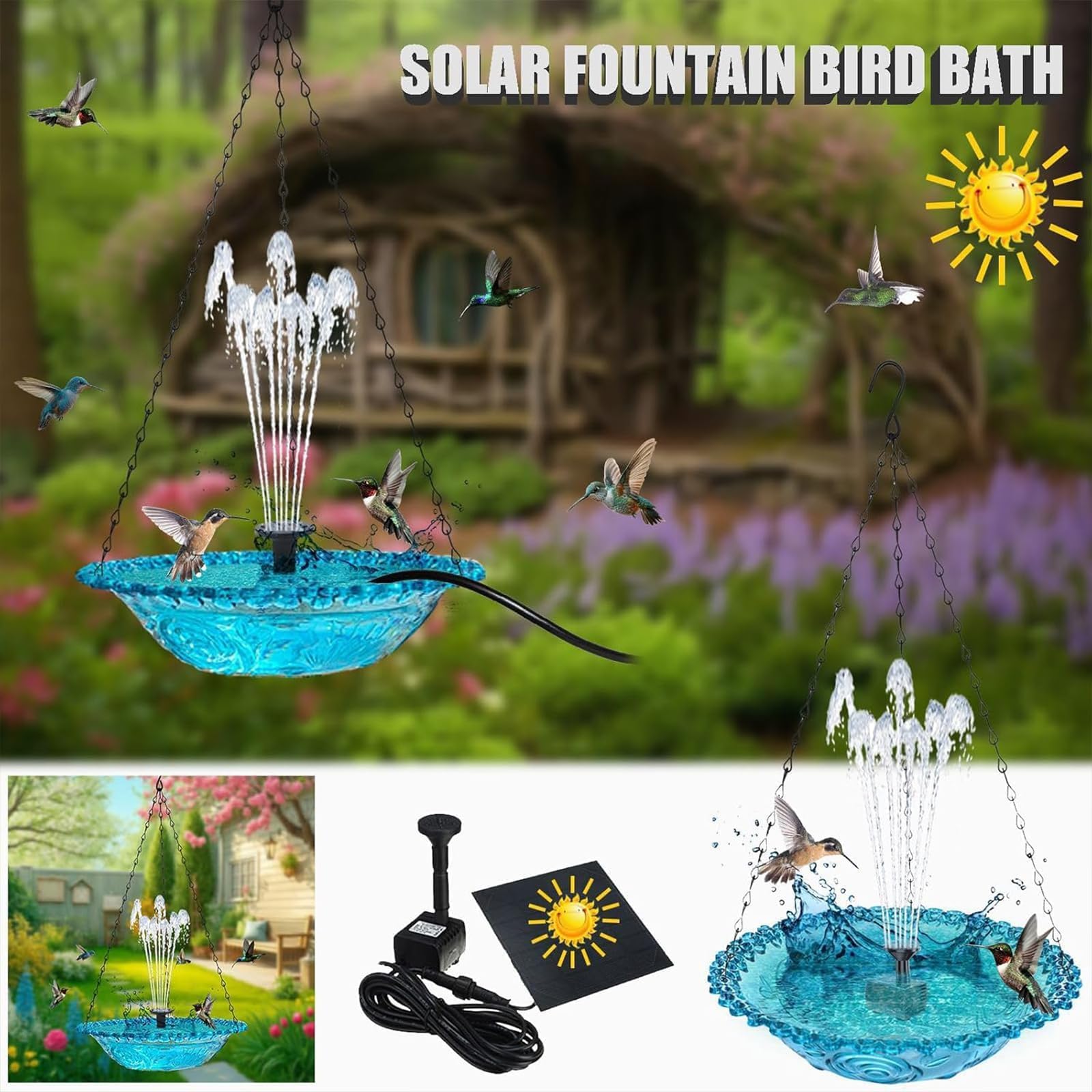 Solar-Kaskaden-Vogeltränke-Brunnen – Hängende Vogeltränke für den Außenbereich mit solarbetriebener Pumpe und Kaskaden-Wasserspieleinsatz für Garten Terrasse und Balkon (Blue B) - 4