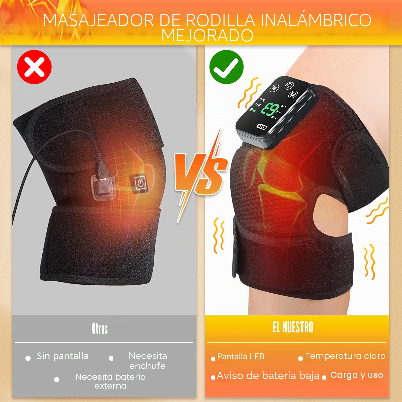 Masajeador de rodilla, inalámbrico con calefacción, soporte de calefacción recargable con infrarrojos y vibración para relajación de rodilla/codo/hombro