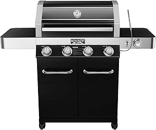 review Monument Grills 4-Burner Propane Gas Grill with ClearView Lid,Black, LED Controls, Side Burner and USB Light-24633