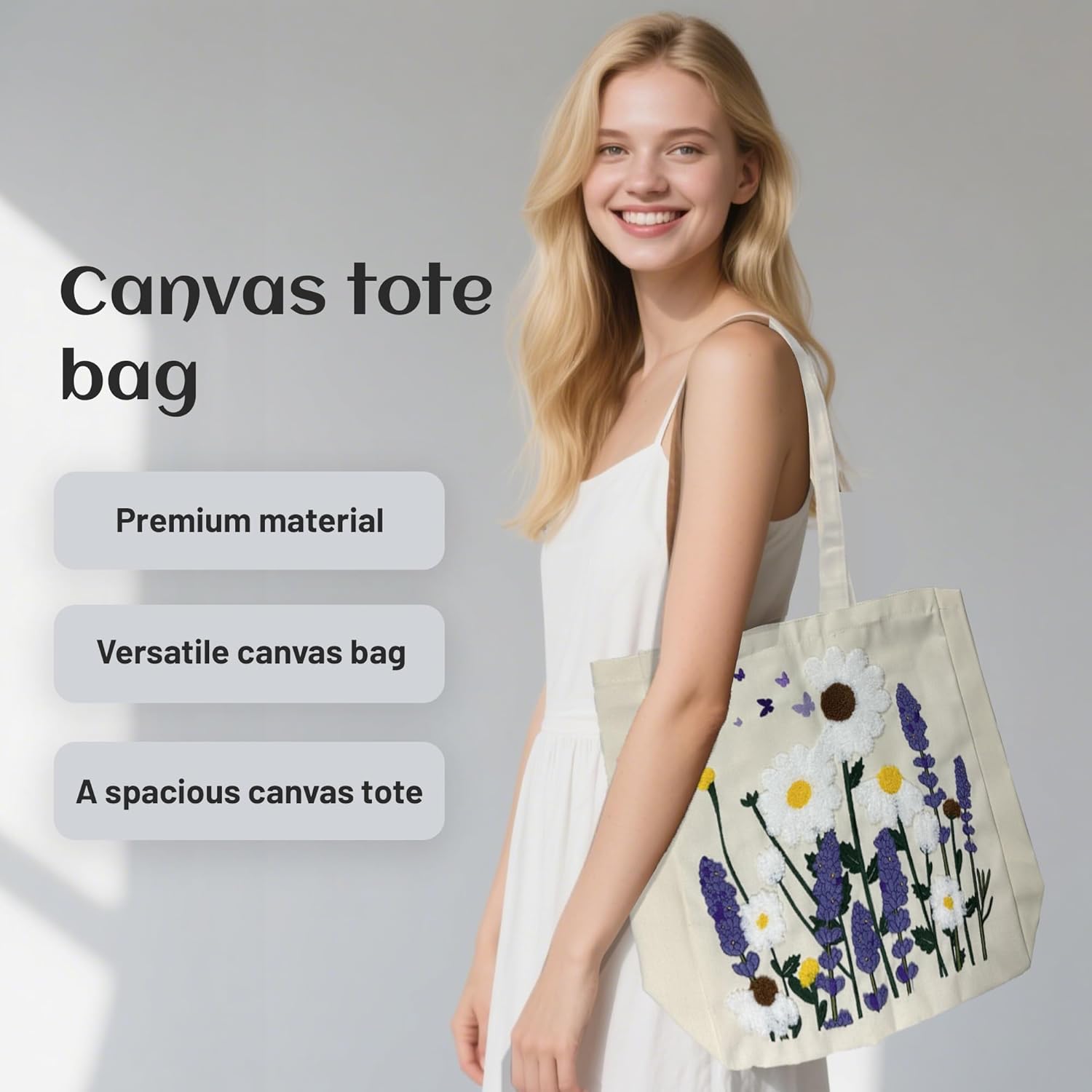 SUNWISHA Aesthetic Canvas Tote Bag - Reusable Spacious Shoulder Bag for Women Shopping, Work, Gym, Travel - Image 2