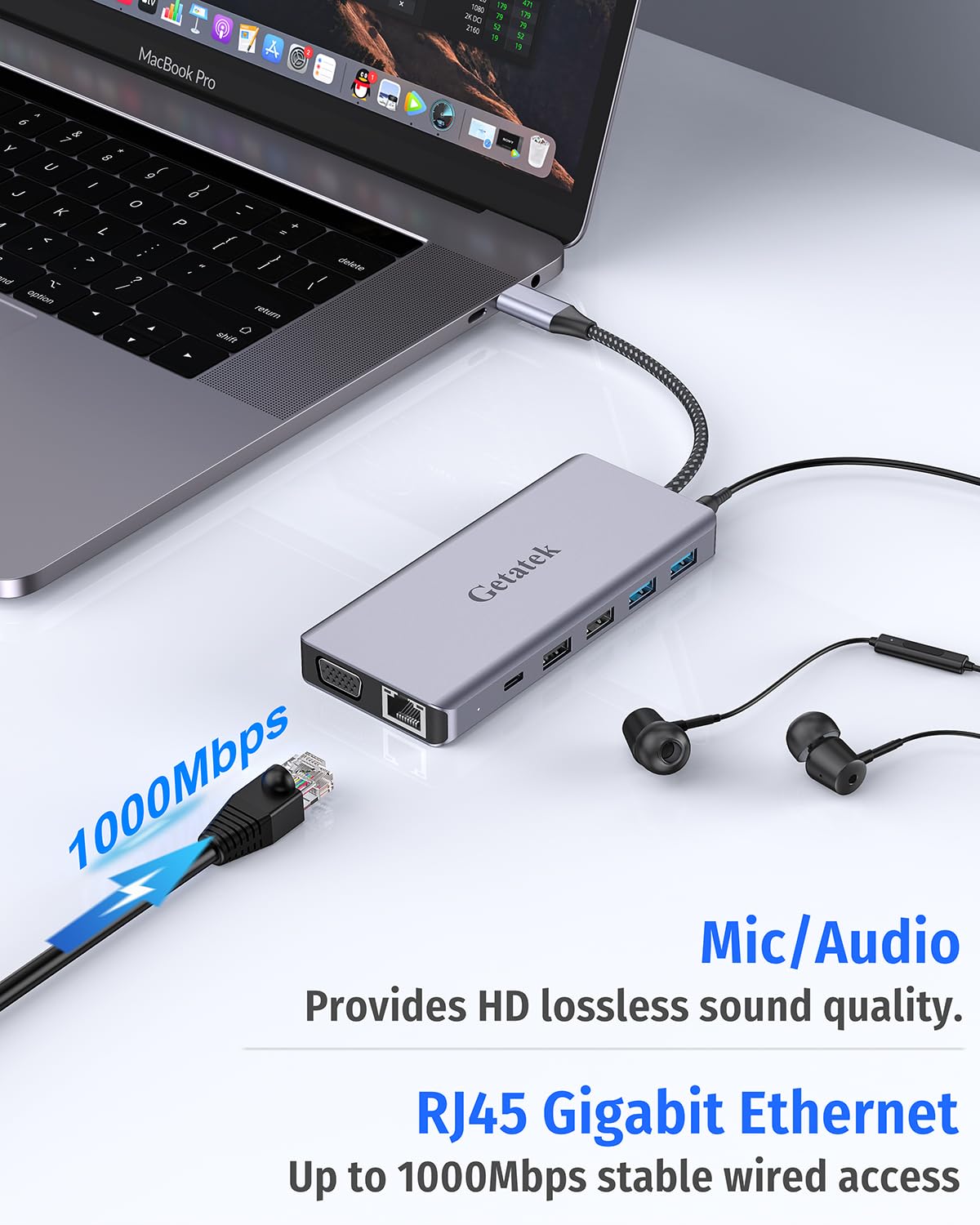 13 en 1 USB C Docking Station, 10Gbps USB C Hub with 2*USB A 3.2&1 USB C 3.2 Data Port, 2*USB 2.0, 4K HDMI, VGA, 100W PD Charging, RJ45, SD/TF/MS, audio de 3,5 mm para MacBook (puerto USB 3.2)