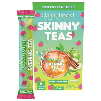 Skinny Teas Instant Tea Sticks Cleansing Evening Tea 14 Ct Herbal Detox Blend with Colon and Body Cleansing Herbs Gentle Cleanse, Reduce Bloat Apple Cinnamon