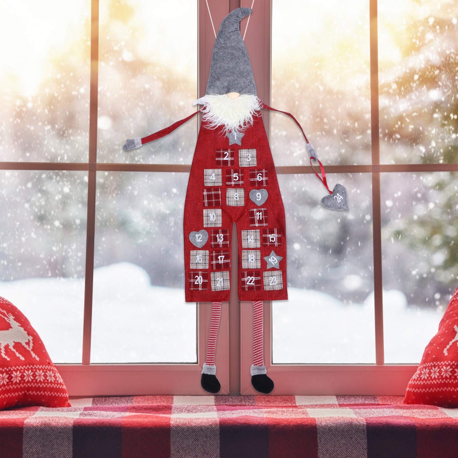 LABRIMP Calendario Avvento Folletti Natalizi in Lino Lana Artificiale, Decorazione Appesa Rosso per Festa di Natale e Conto alla Rovescia Festivo