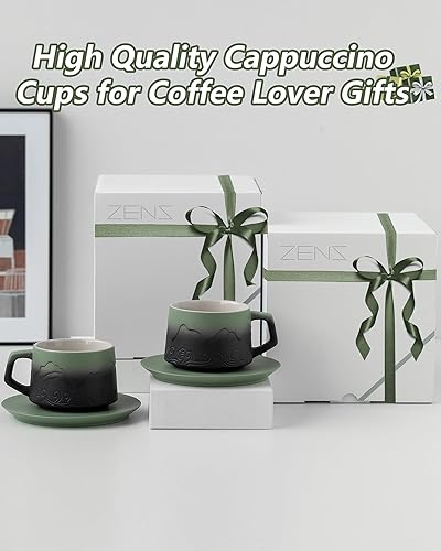 Miniatura 6 de ZENS Juego de 2 tazas de capuchino artístico de 8 onzas, taza de café de cerámica en relieve con platillos para arte con leche, verde musgo y negro