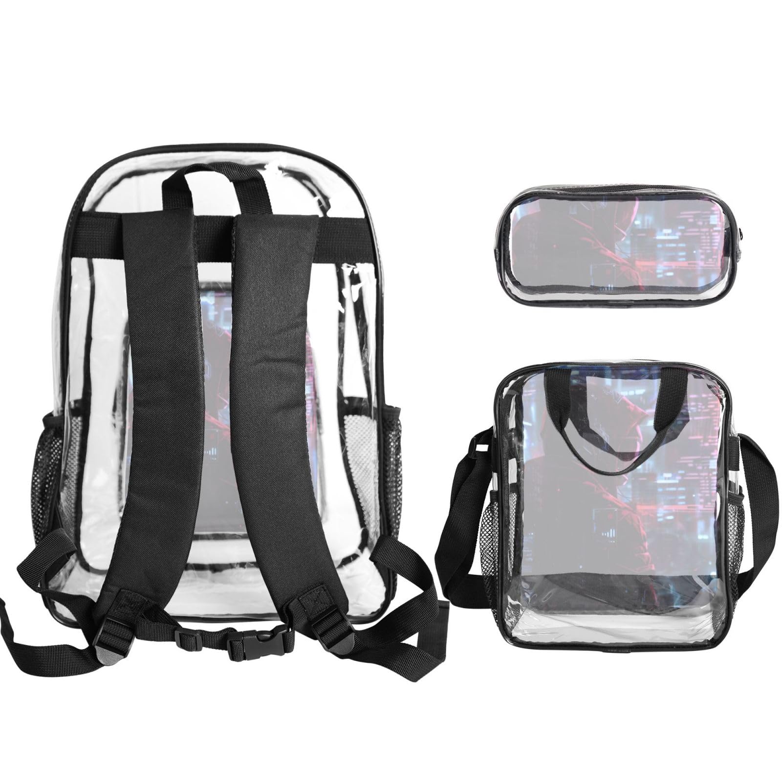 Hacker Era Print 3-teiliges transparentes Rucksack-Set für Reisen, Outdoor-Abenteuer, Urlaub, transparente Tasche
