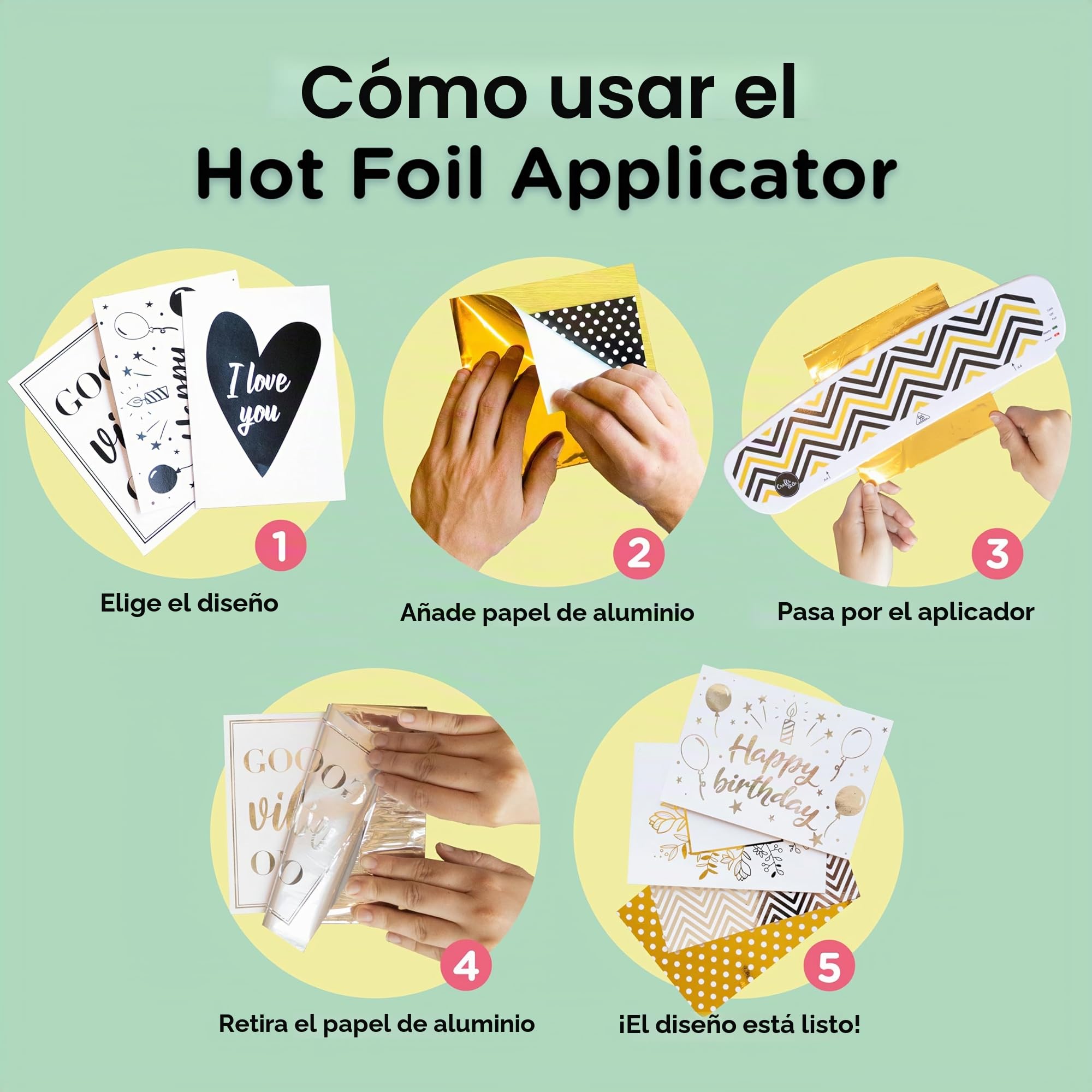 Crafts&Co® Hot Foil Applicator | Incluye 5 Láminas Plateadas y 5 Doradas, 10 Tarjetas A6 Impresas + 1 Carpeta Transparente | Blanco