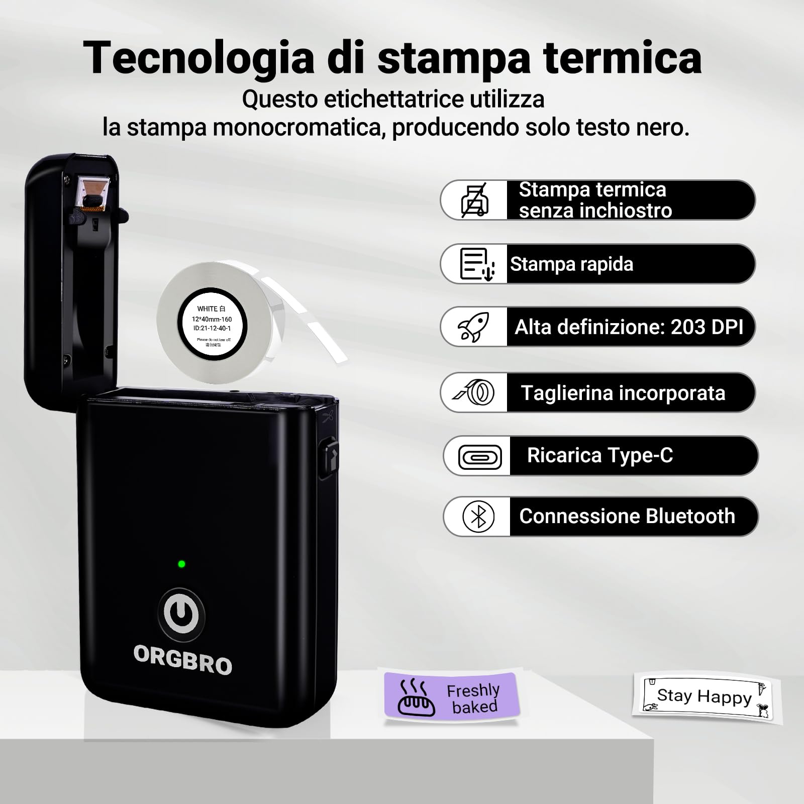 ORGBRO X1 Etichettatrice Termica Portatile Bluetooth - Mini Stampante per Etichette Adesive Senza Inchiostro/Cartucce con 1 Rotolo Incluso, Compatibile con iOS/Android per Casa, Ufficio (Nero)
