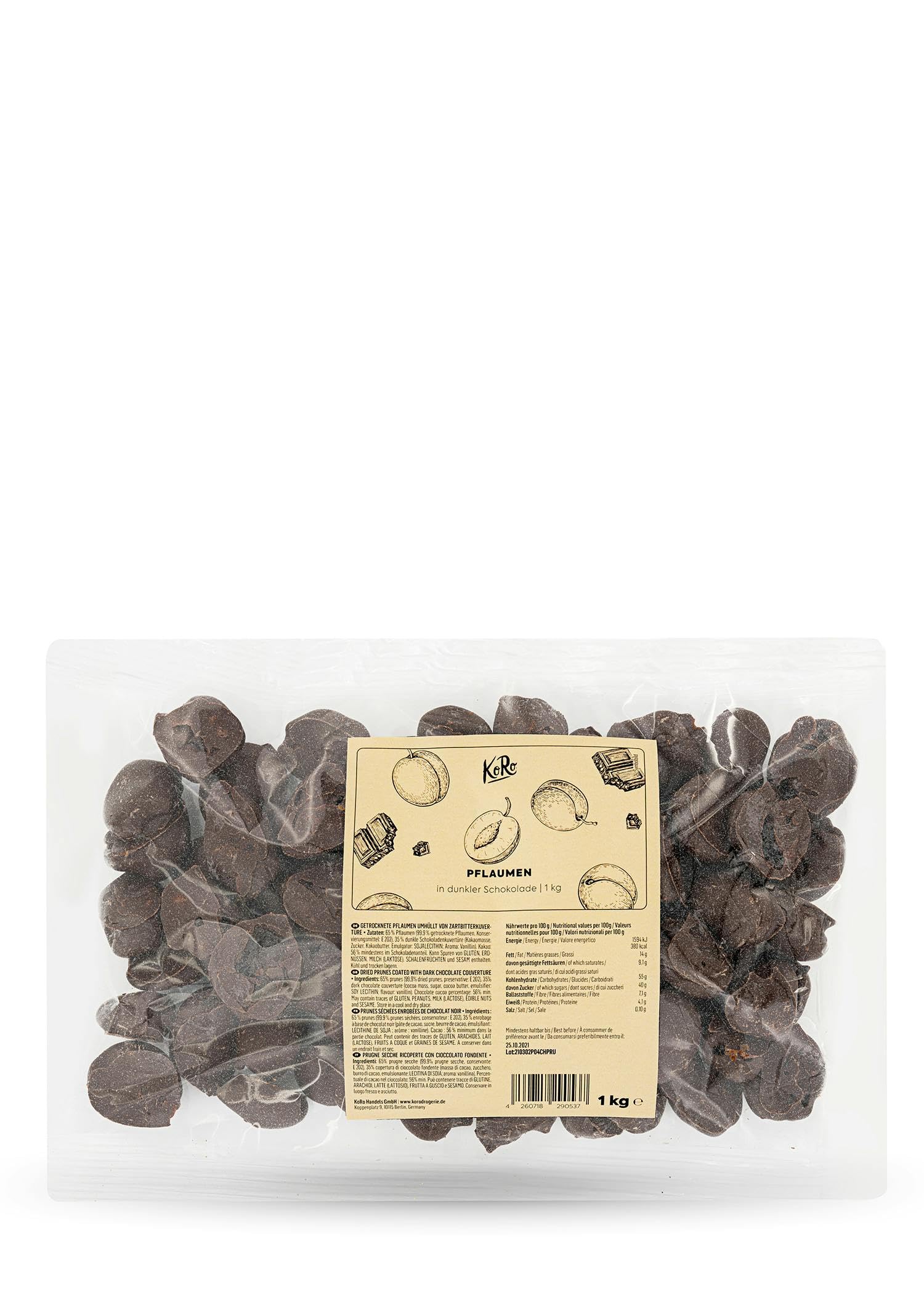 KoRo - Prunes au chocolat noir 1kg - Vegan - Enrobage de chocolat noir - Emballage avantageux