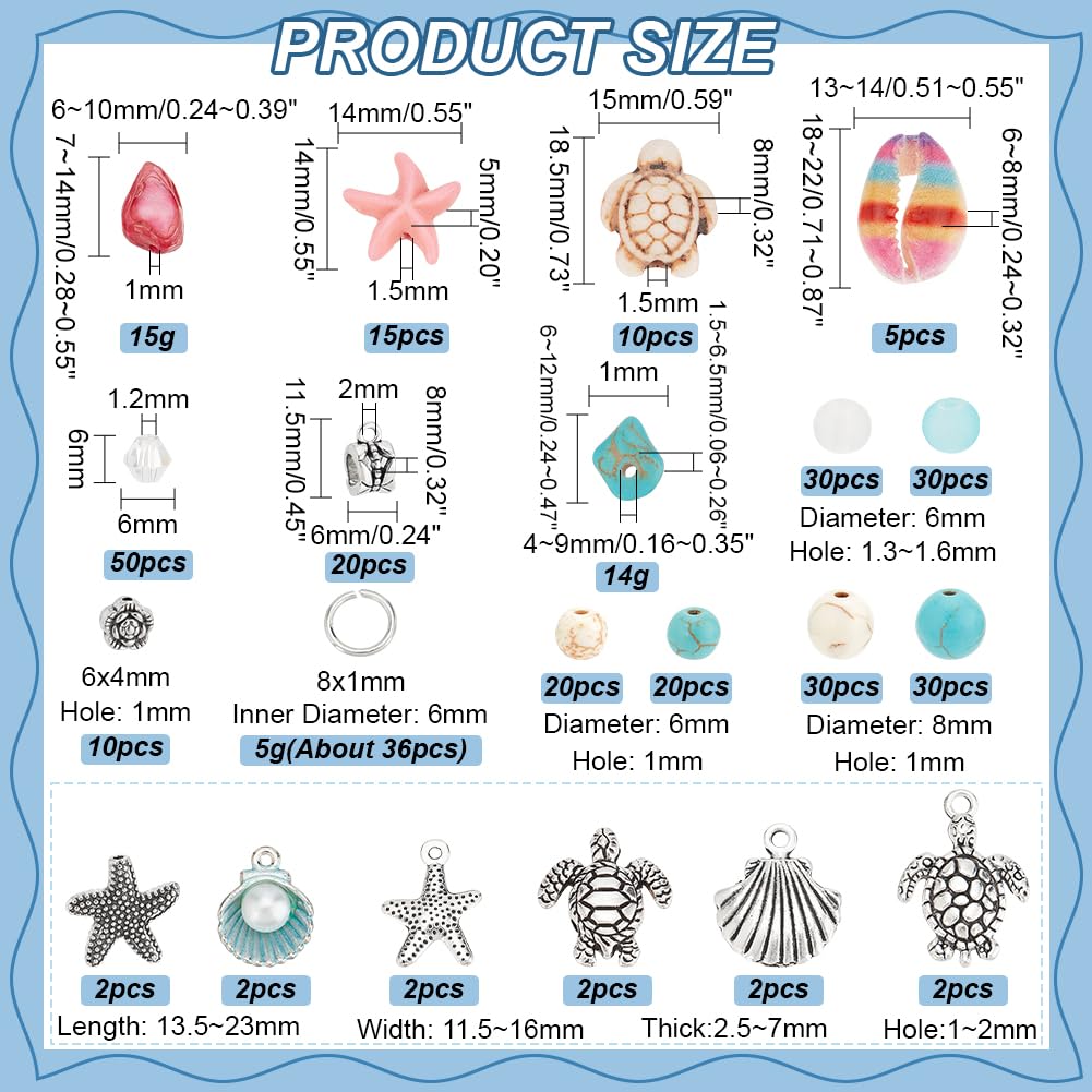 PH PandaHall 371pcs Ocean Theme Jewellery Kits Seashell Charms Turquoise Turtle Starfish Beads White Blue Beads with Jewellery Findings for Summer Necklace Earring Bracelet Anklet Jewellery Making - Image 2