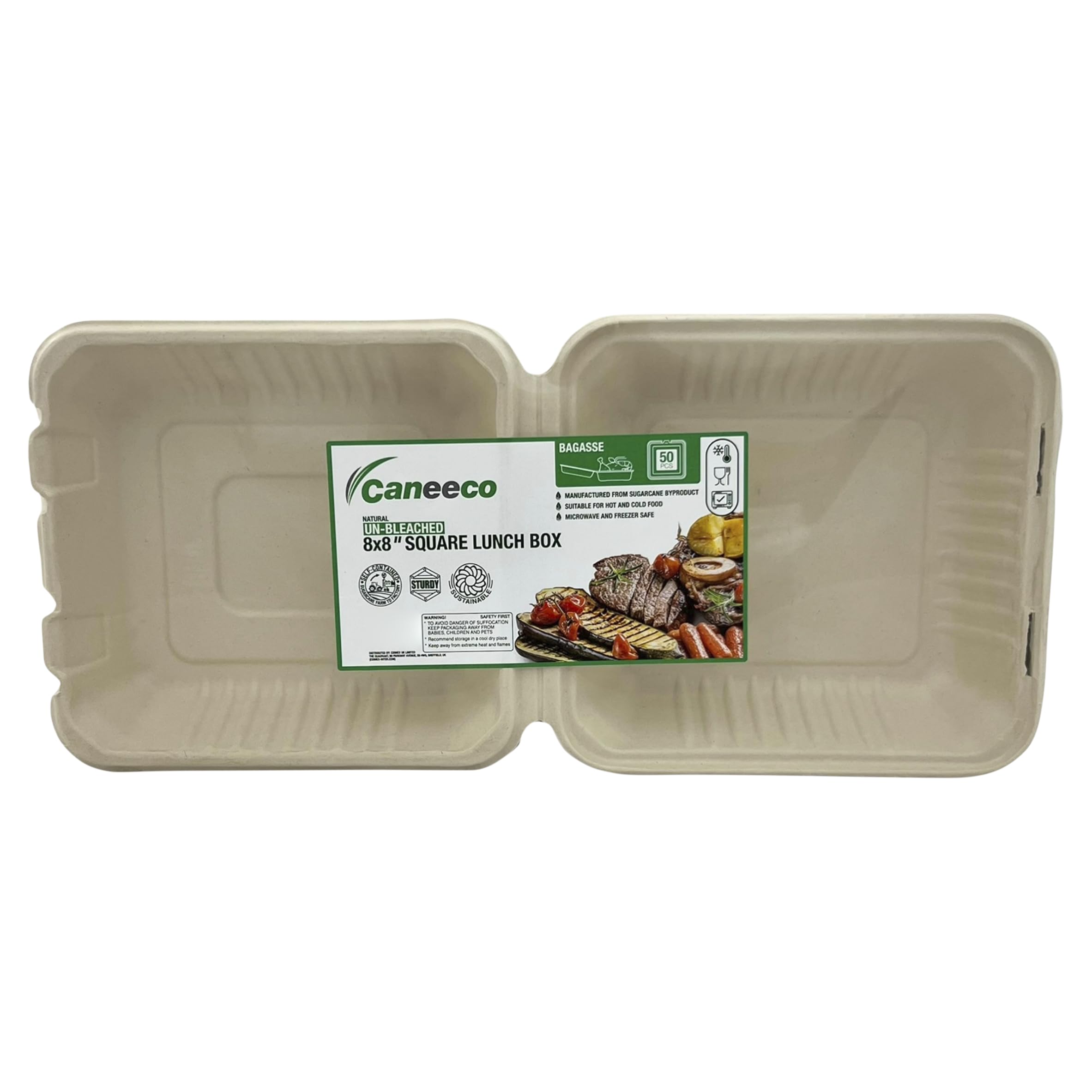 Caneeco 50-Pack Bagasse Sugarcane Takeaway Boxes – 8"x8" Clamshell Containers, PFAS Free, TUV Home Compostable Certified Food Boxes for Hot & Cold Meals, Restaurants, Parties & Catering