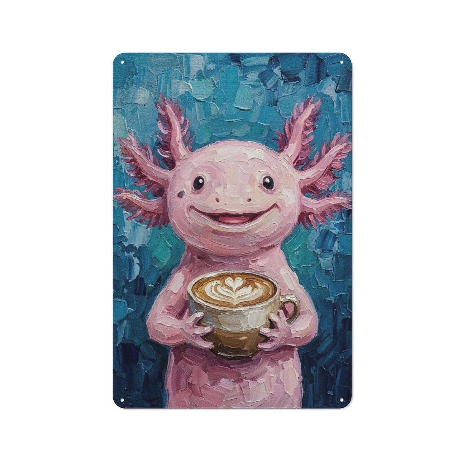 Industrial Metal Sign with Axolotl with Coffee Painting Design 30x20cm, Modern Retro Loft Wall Plaque for Workspace, Cafe, Hallway Or Garage