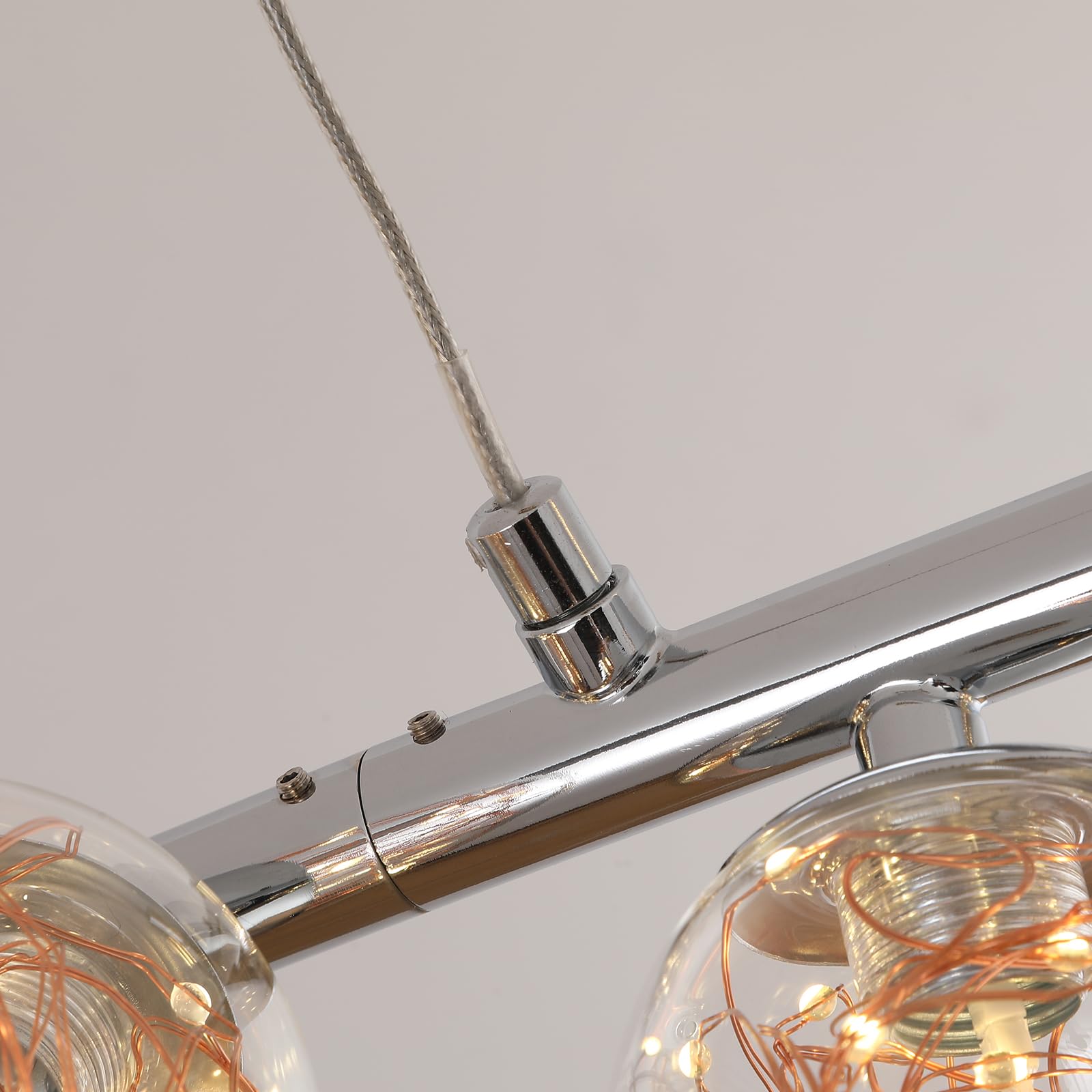 GEADI LED Lampadario Cromato, 120CM Lampada a Sospensione Moderna per Tavolo da Pranzo con 12 Globi di Vetro, Plafoniere a Soffitto Regolabile, Lampadari Lungo per Sala da Soggiorno, Cucine, Salotto
