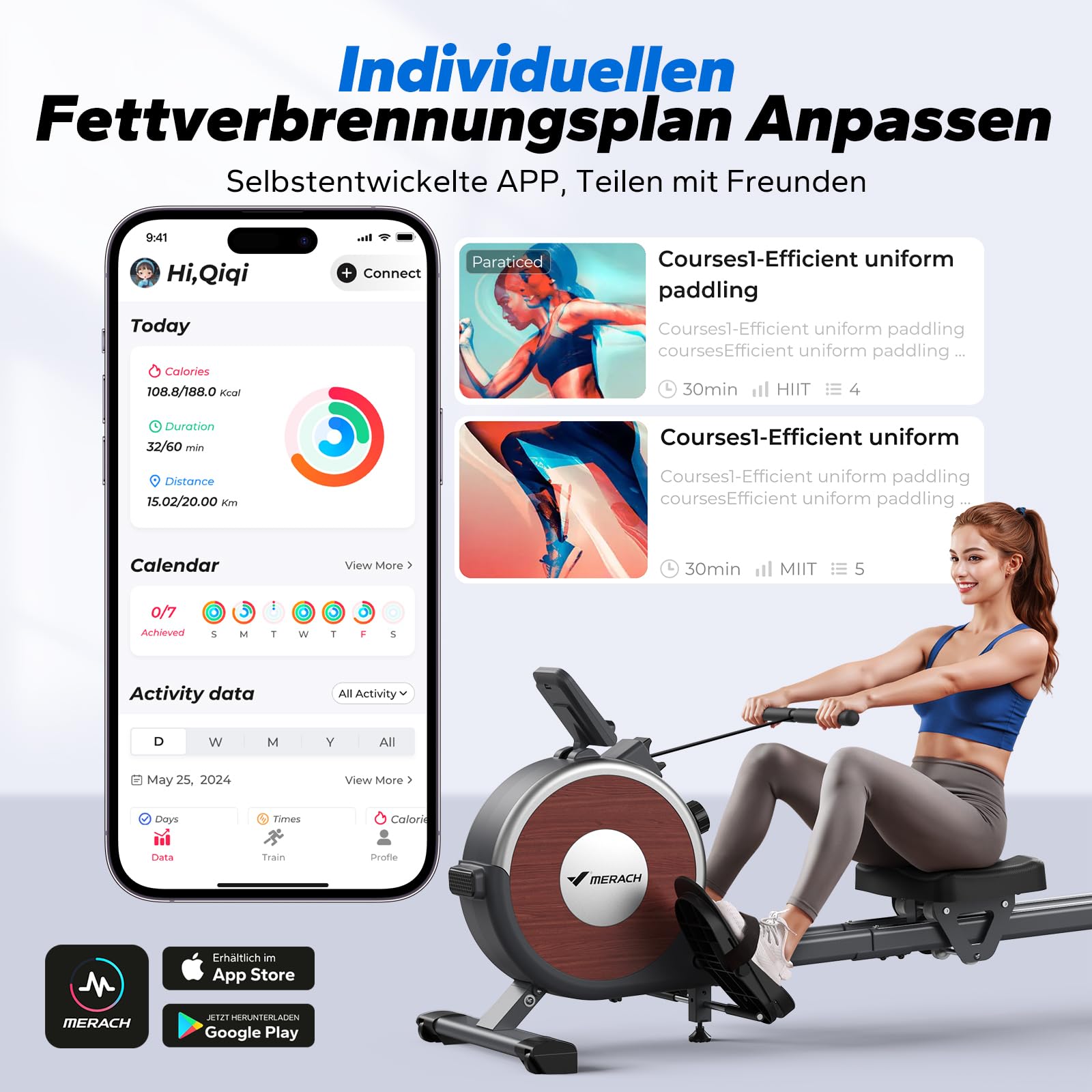 MERACH Rudergerät für Zuhause, 16 Widerstandsstufen, Leises Magnetisches Rudergerät, per App Verbindbar, Verbesserte Doppelschienen für Mehr Stabilität, Einfache Montage (Grau)