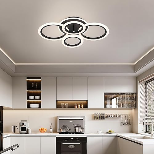 Miniatura 7 de STCH Lámpara de techo LED moderna, regulable 3000 K4000 K6500 K, luz de techo negra de 4 anillos, lámpara de techo con control remoto, lámpara de