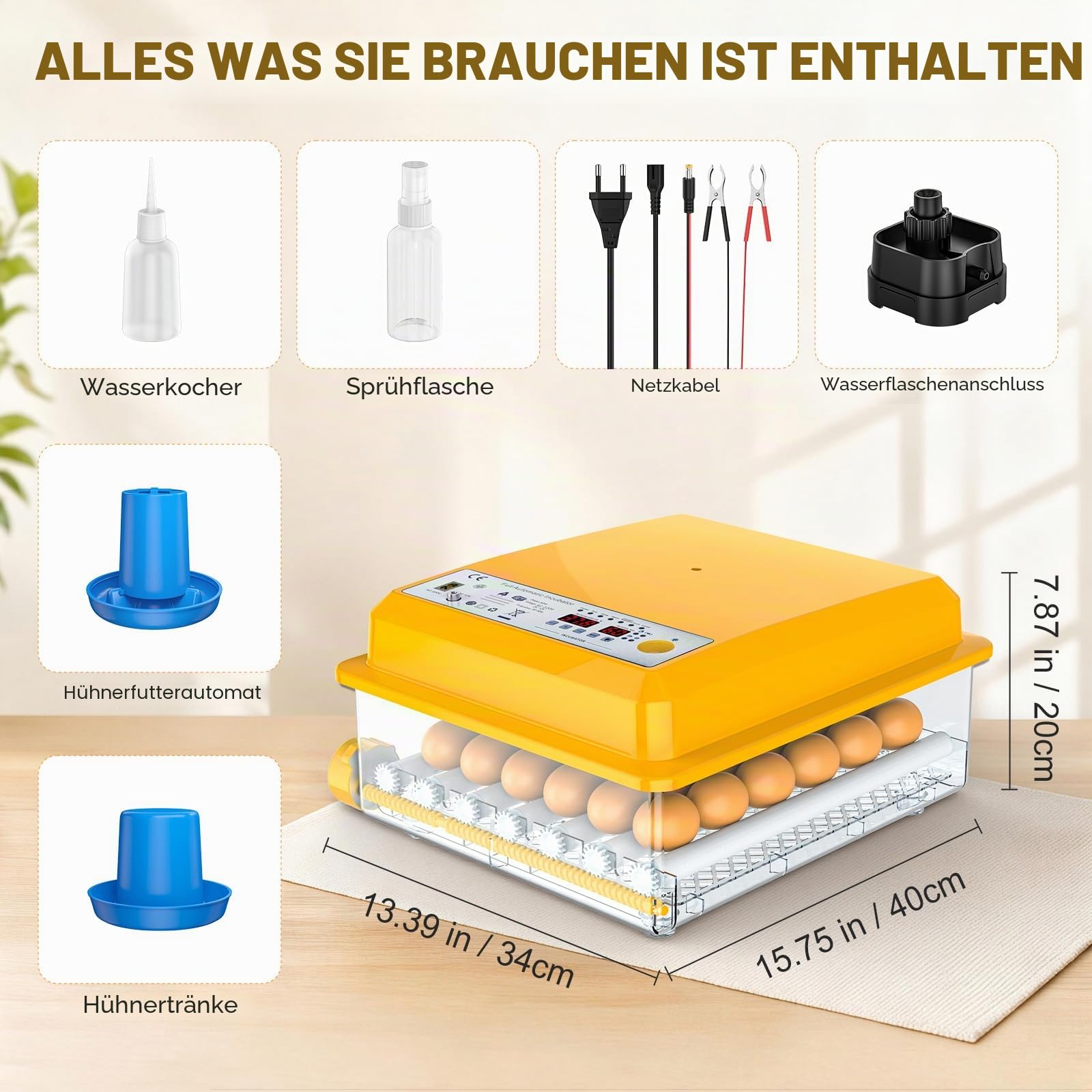 Brutautomat Vollautomatisch für 16-120 Eier, Brutmaschine mit Automatischer Wendung & Wasserzugabe, Inkubator 12V/220V Dual mit LED-Display, Temperaturkontrolle & Schierlampe für Hühner, Wachteln