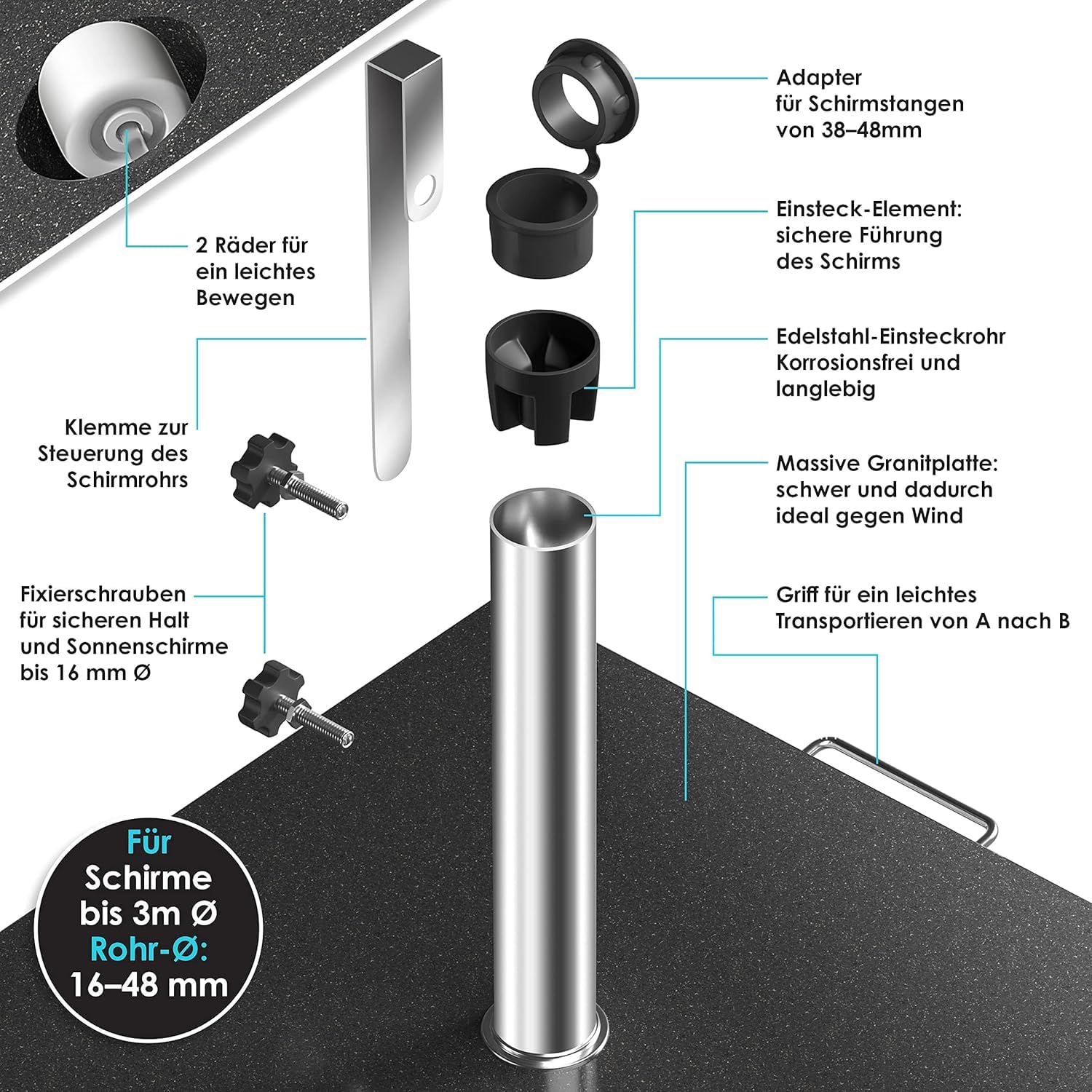 Sekey Granit Parasolstandaard met roestvrijstalen buis, hoogwaardige halve sokkel, voor parasolstokken tot 22-38 mm, balkonparaplustandaard 25 kg, grijs