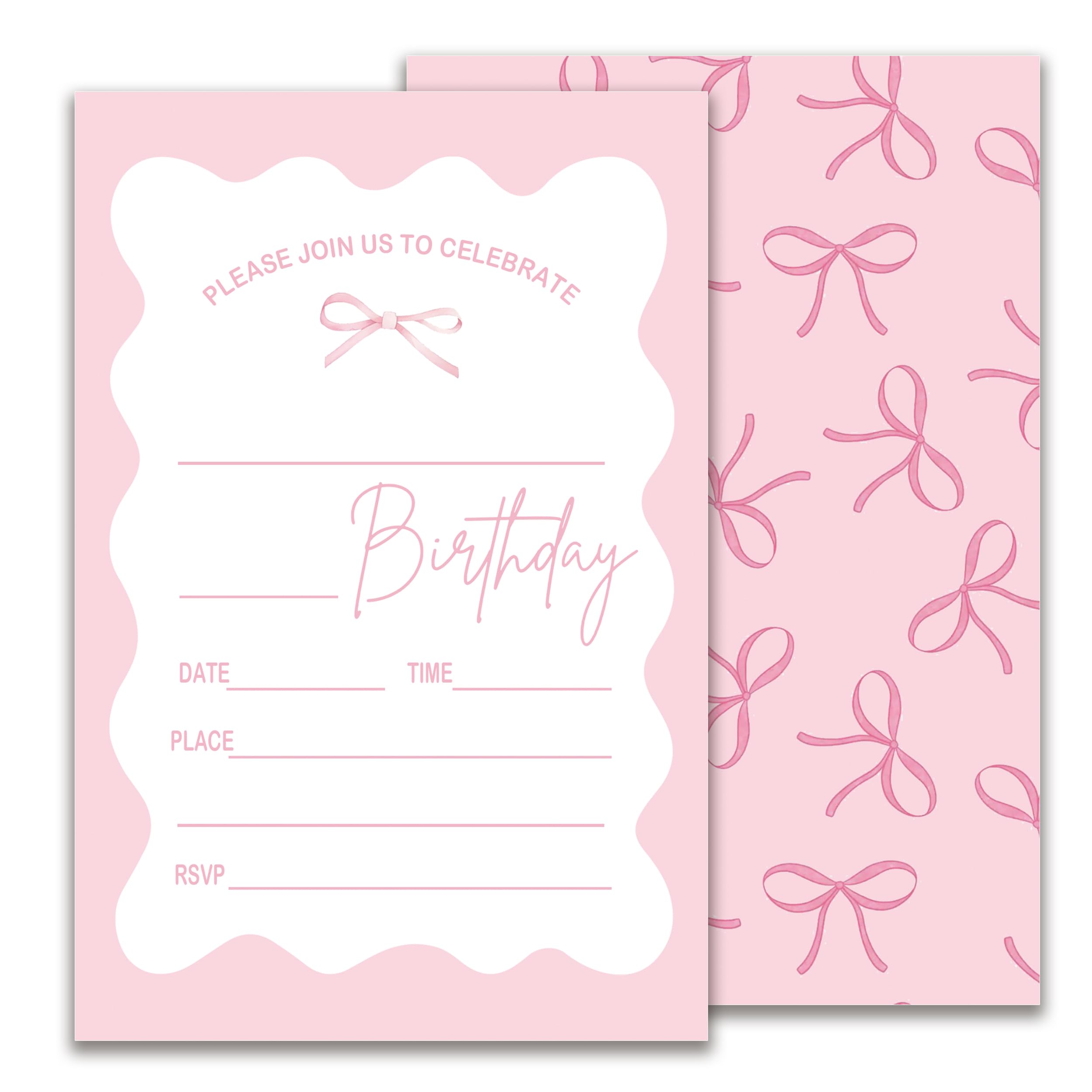 Pink Bow Birthday Invitation, Girls Party Invite, Retro Bday Invitation Cards, 20 Pink Double-Sided Fill In Invite Cards with Envelopes, Birthday Party Decorations 4x6 Inch-B19